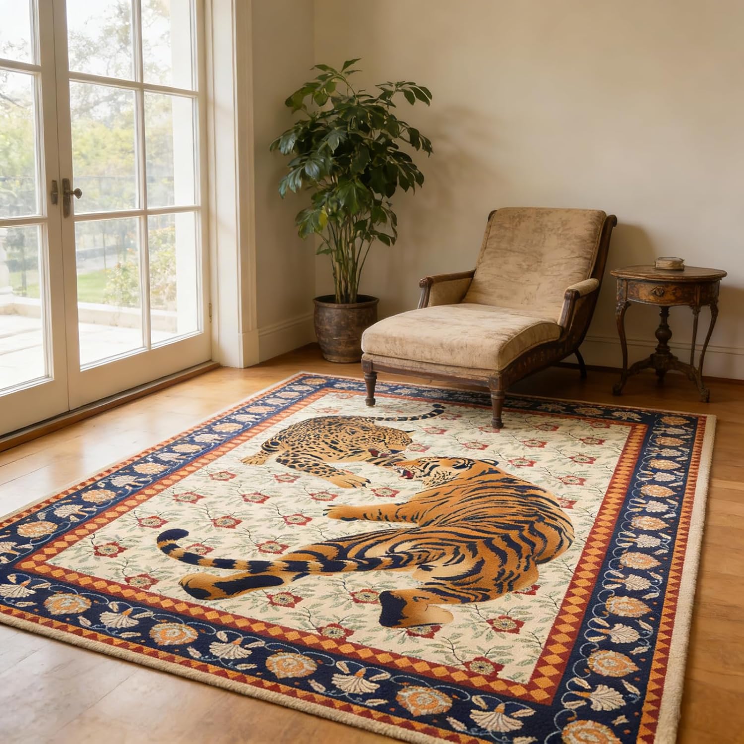 Bohemian Style Rug with Confronting Leopard & Tiger Print, Non-Slip Living Room Area Rug, Plush Crystal Velvet Pile, Comfortable & Easy Clean Animal Print Carpet for Lounge, Bedroom (8'x10')