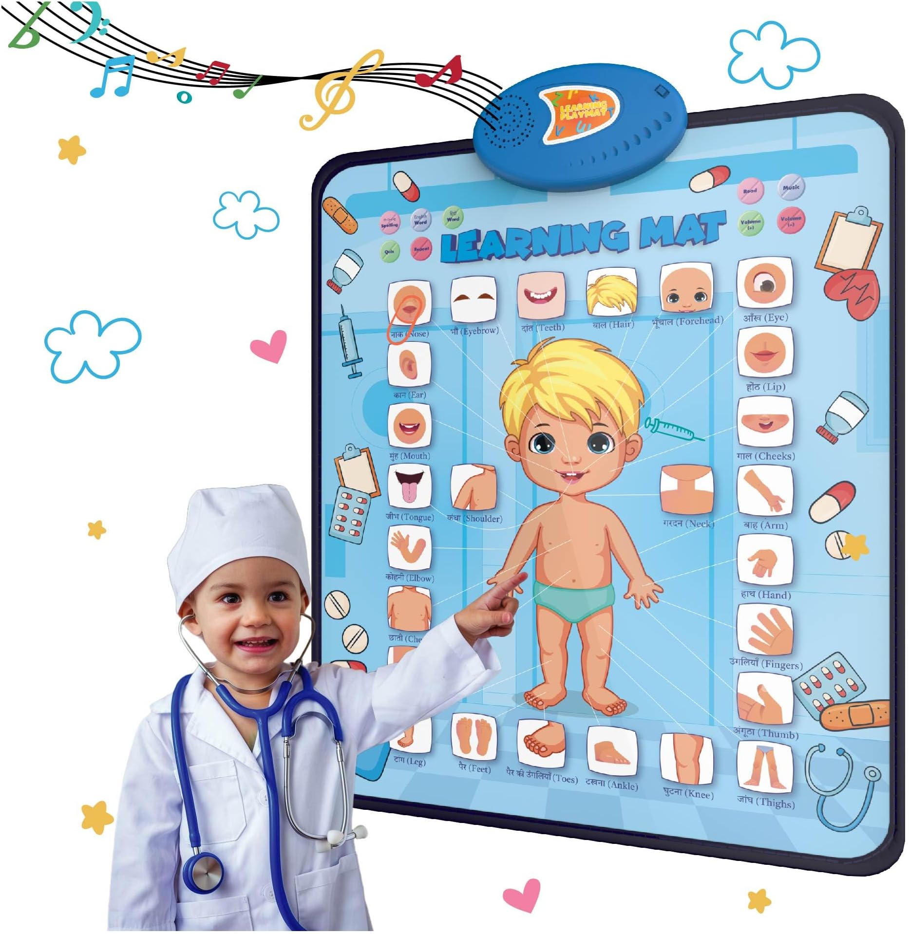 PLANETTUNES Anatomy Learning Musical Mat|Interactive Bilingual Touch-Sensitive Floor Mat For Kids|5 Fun Educational Modes|Battery-Operated Abc & Language Learning Mat|Toddler Toys,Multicolor