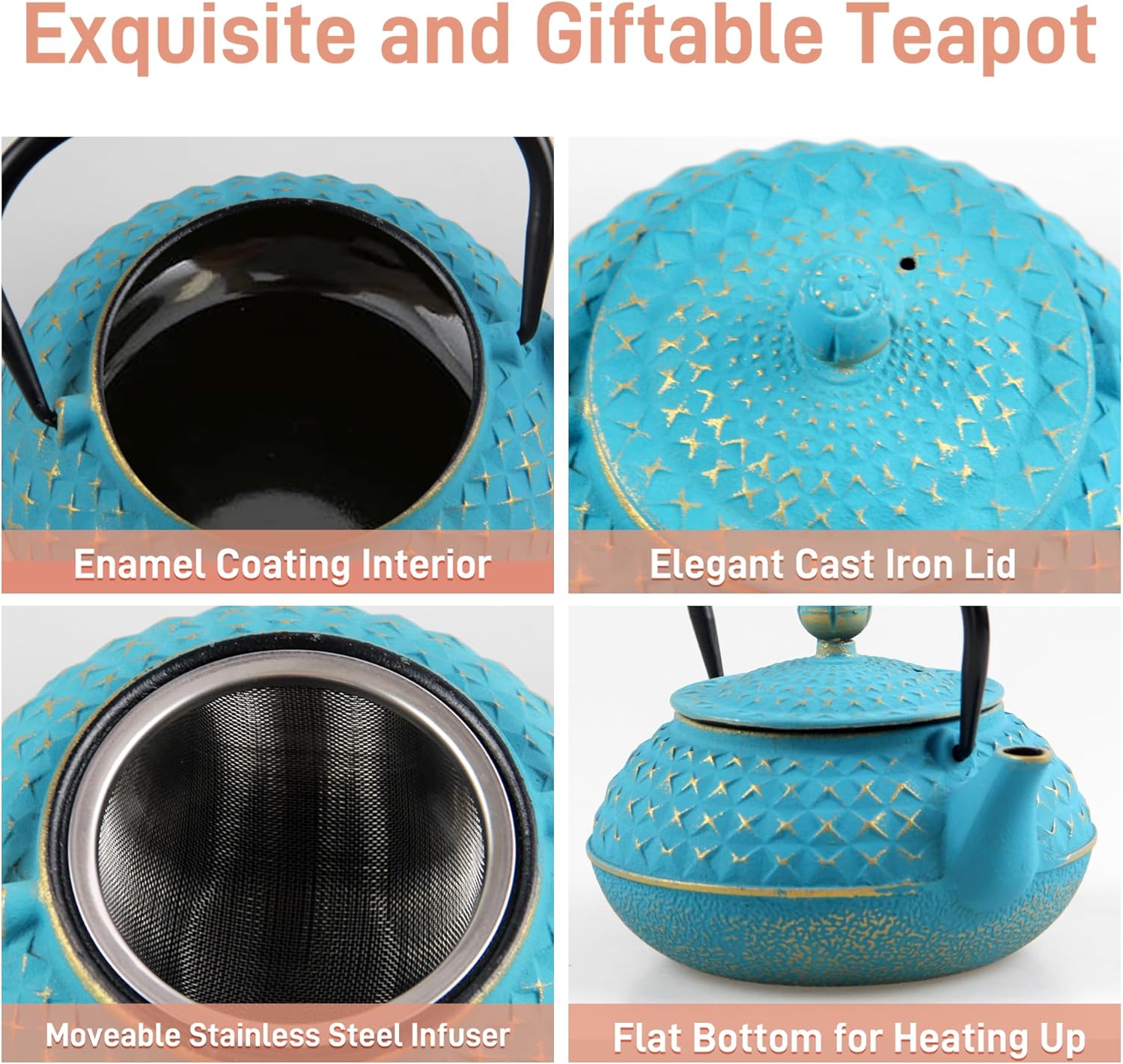 Cast Iron Teapot with Stainless Steel Infuser for Stovetop, Made in China, Safe Coated with Enameled Interior - 20.3 Oz/0.6 Liters
