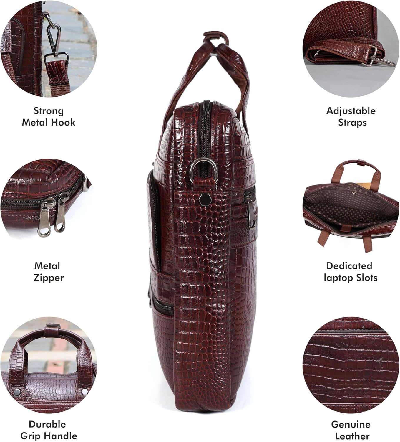 16" Crocodile Embossed Leather Laptop Briefcase, 5 Zipper Pockets, 2 Spacious Compartments,12x16x4 inches | Adjustable Strap, Multiple Slots