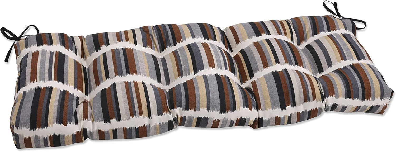 Pillow Perfect Stripe Indoor/Outdoor Sofa Setee Bench Swing Cushion with Ties, Tufted, Weather, and Fade Resistant, 18" x 48", Black/Grey Solar, 1 Count