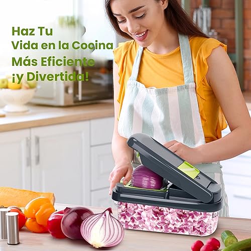 Miniatura 7 de Picador de verduras, picador de alimentos multifuncional 12 en 1, picador profesional de cebolla con 7 cuchillas, cortador de verduras con Gris