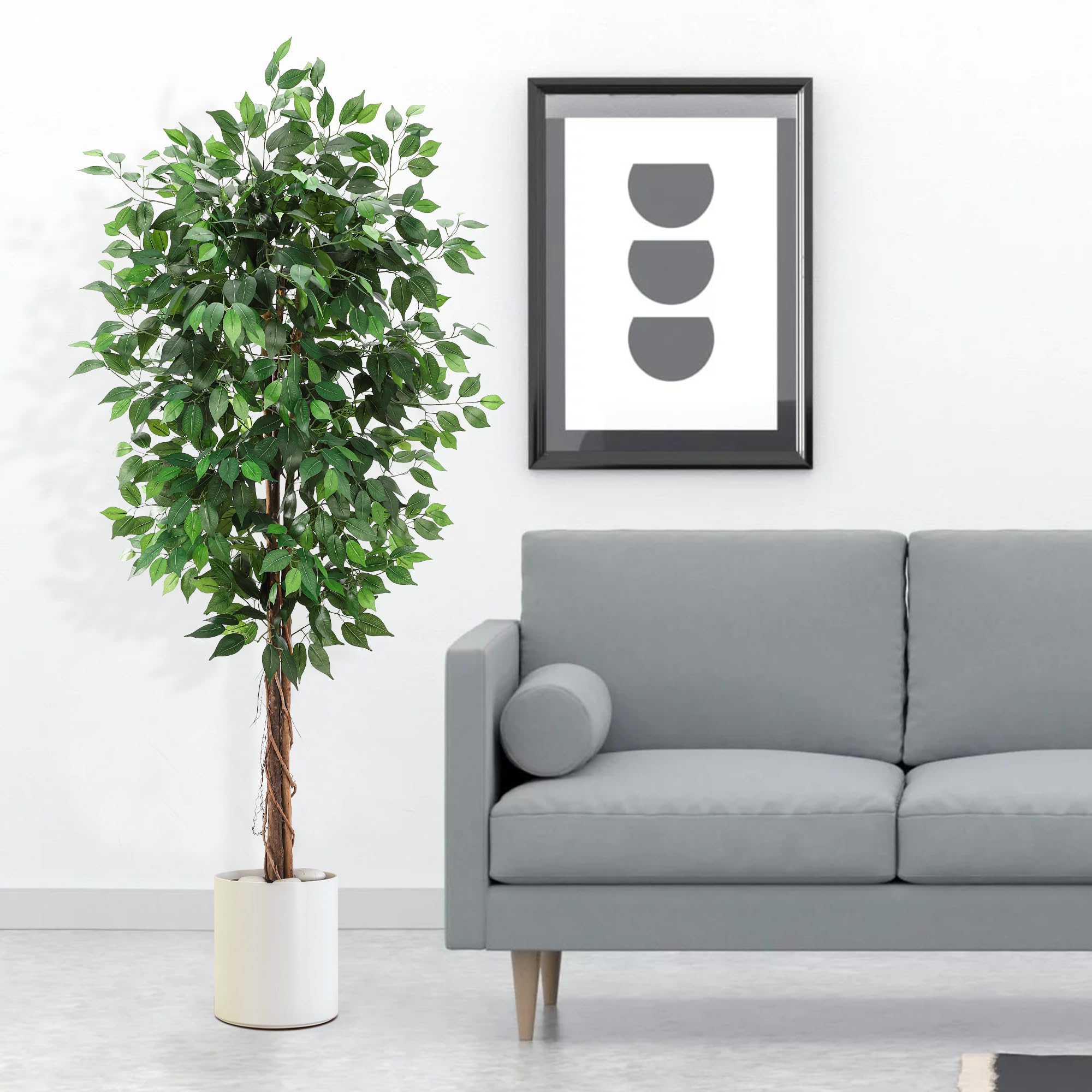 Artificial Ficus Tree,Tall Fake Ficus Silk Tree with Natural Wood Trunk in Plastic Nursery Pot for Indoor Outdoor House Living Room Office Garden Decor (6ft)