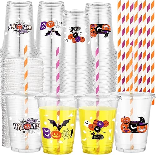 Juego de 100 vasos de plástico transparente de 12 onzas con tapas y pajitas de papel, suministros de fiesta de Halloween para fiesta de Halloween,