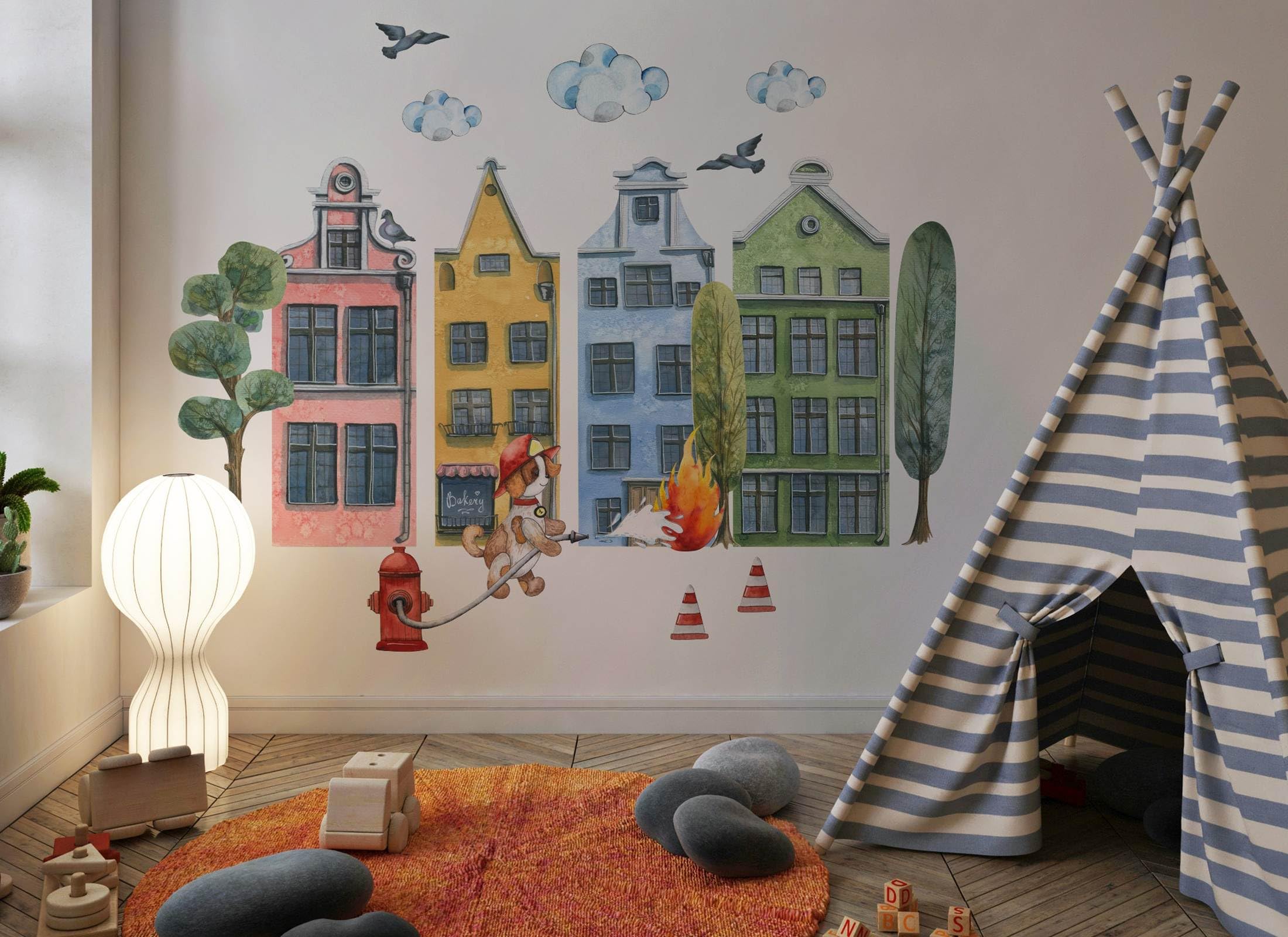 Wandtattoo Kinderzimmer Mädchen & Junge: Feuerhund & Stadt (180x140cm) | Kinderzimmer & Babyzimmer Deko | Wandsticker & Wanddeko Kinderzimmer | Wandaufkleber Kinderzimmer Wall Stickers os3026