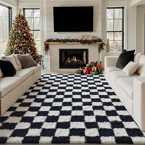 PureCozy Checkered Rug 8x10 for Living Room, Black and White Modern Shag Rug Washable Non-Slip Large Area Rug Super Soft Indoor Fuzzy Carpet Fluffy Rugs for Bedroom Home Aesthetic Decor - 8' x 10' (Rectangular) - Black&white