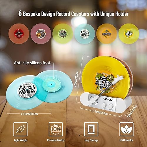 Miniatura 5 de Divertidos posavasos retro para discos de vinilo, juego de 6 posavasos creativos con soporte para tocadiscos de vinilo para amantes de la música,
