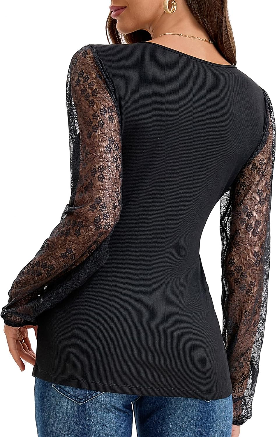 Womens Tops Deep V Neck Cross Wrap Sexy Tops Polka Mesh Long Sleeve T Shirt Casual Blouses - Image 5