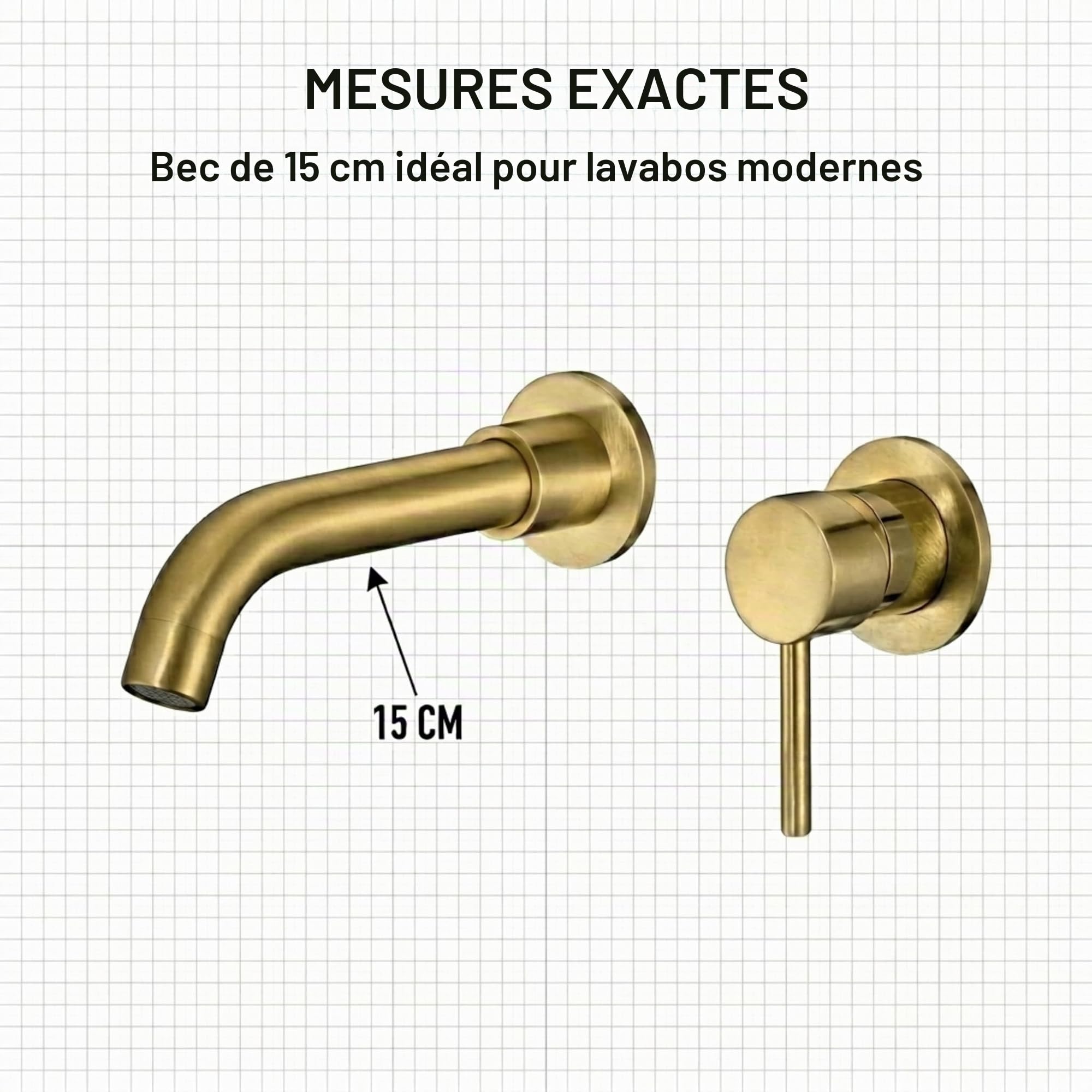 VALAZ Robinet Salle Bain Mural | Mitigeur Lavabo, Mélangeur Eau Froide et Chaude, Pas de Fuites, Installation Facile | Laiton, Inoxydable, Doré Brossé Protecion PVD, Rond, Bec 15 cm, Série Gualquivir