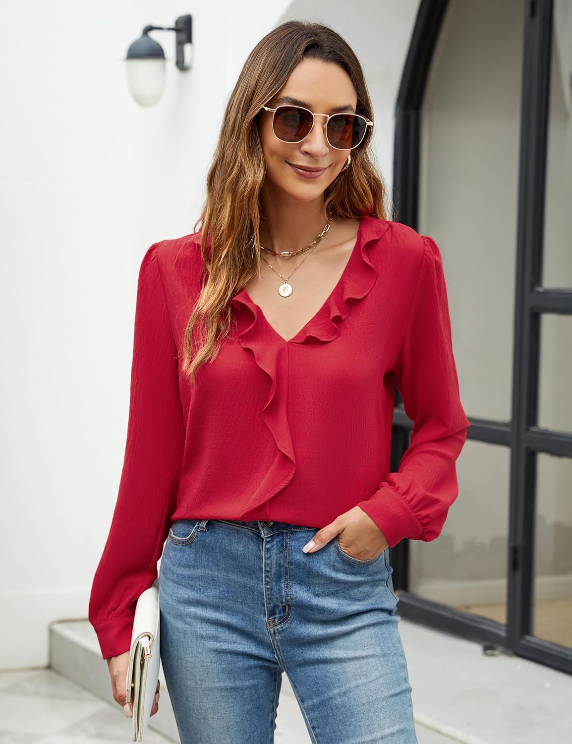 Blooming Jelly Womens Dressy Casual Blouse Business Long Sleeve Tops Ruffle V Neck Work Shirt Fall Outfit 2025 - Image 3