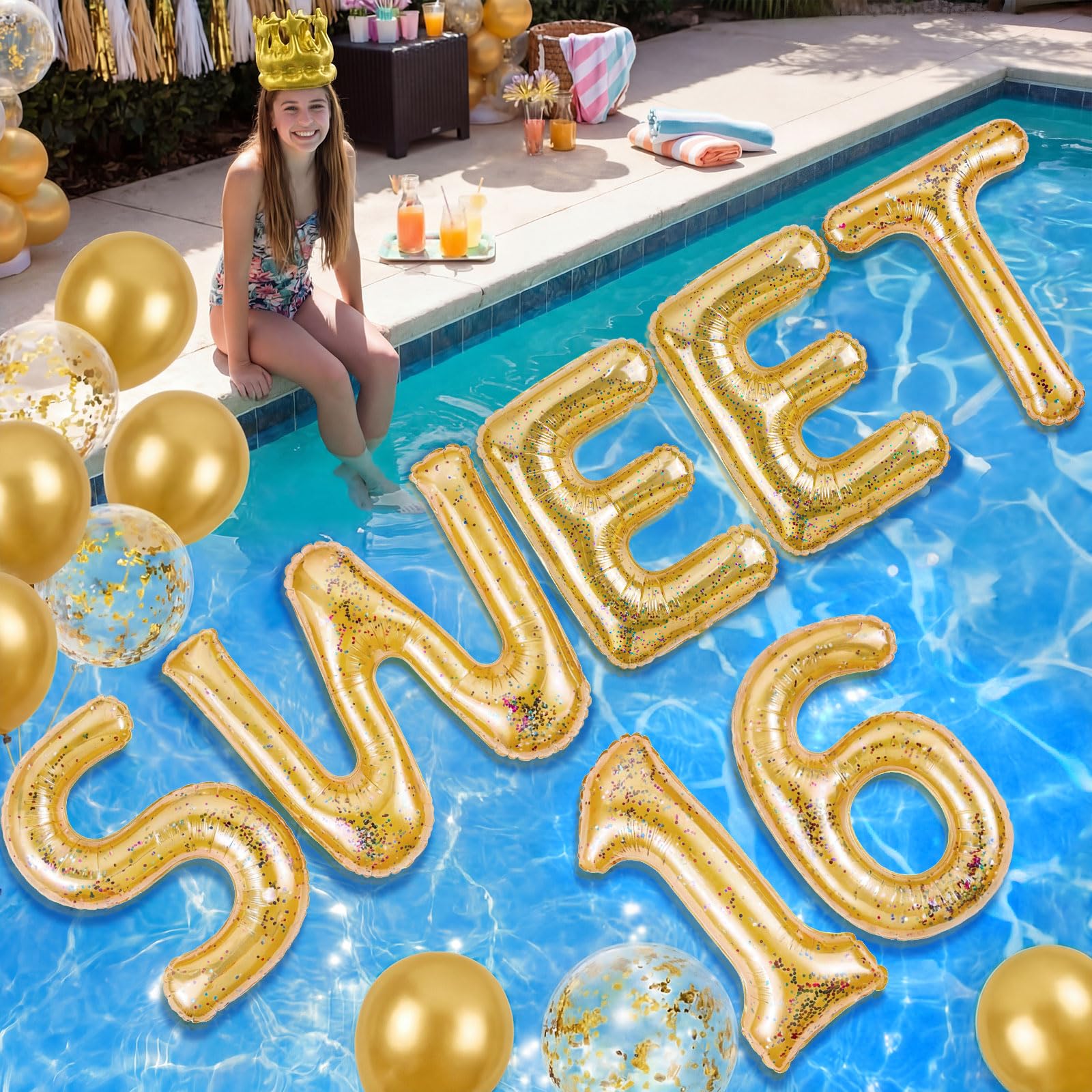 Photo 1 of 10 Pcs Sweet 16 Pool Float Letters, 20" Large Inflatable Gold Glitter Birthday Decorations with 2 Beach Ball & 1 Gold Crown – Sweet Sixteen Pool Party Supplies for Girls