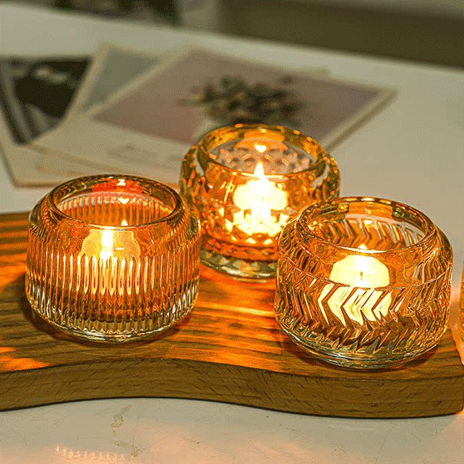 Bougeoir de Bureau en Verre Cristal, Ensemble 4 bougeoirs avec Quatre Styles texturés, Accessoire Photographie, Ouverture à Large Bouche