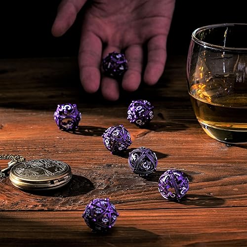 Miniatura 6 de Juego de dados DND de metal, diseño único de orbe redondo hueco para un mejor rodamiento, hermoso juego de dragón para juegos de rol (RPG),