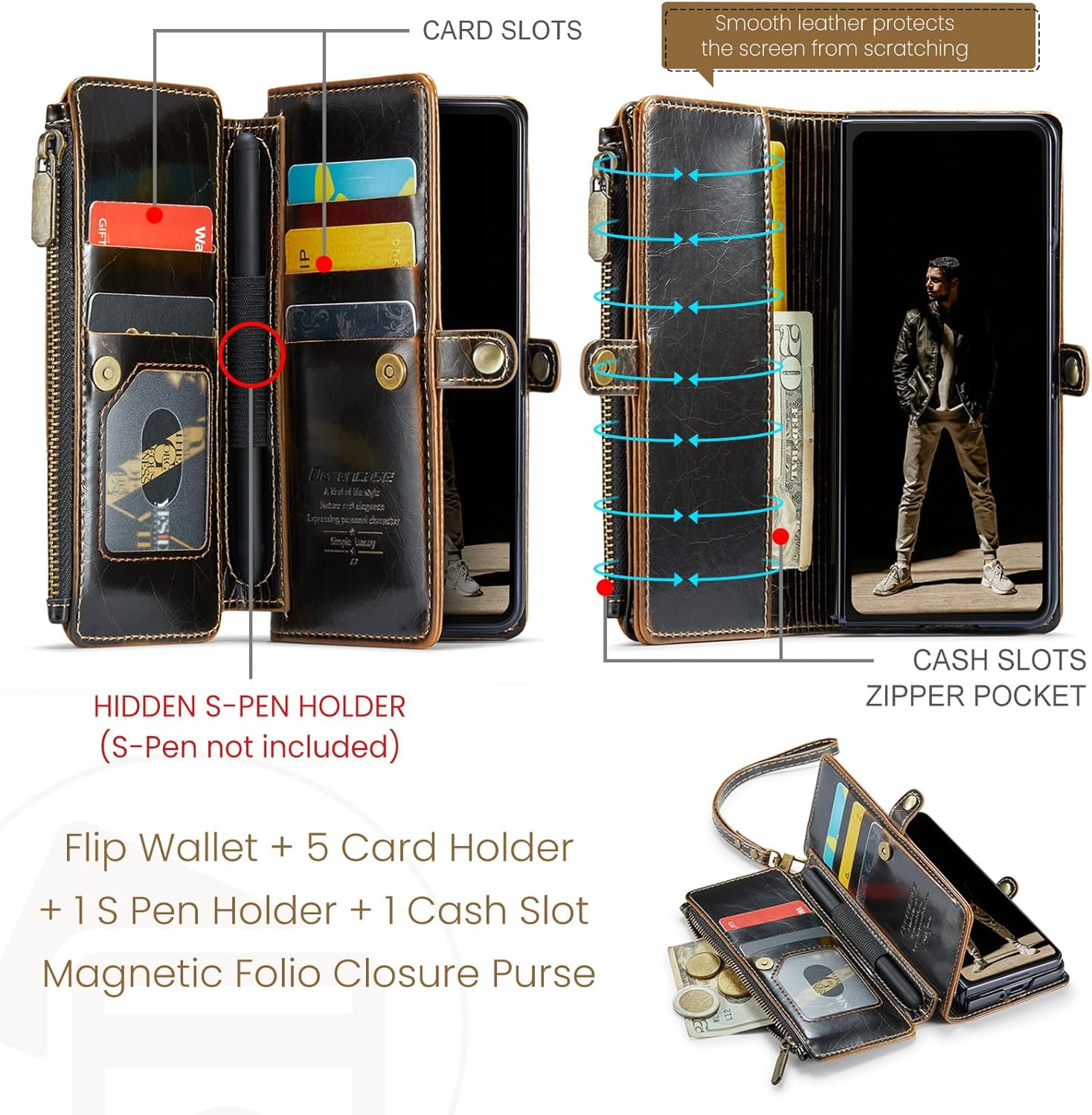 Defencase Wallet Case Compatible with Samsung Galaxy Z Fold 5 with RFID Blocking Card Holder & S Pen Holder Slot PU Leather Magnetic Snap Flip Zipper Strap Phone Case Fit for Galaxy Z Fold 5, Coffee