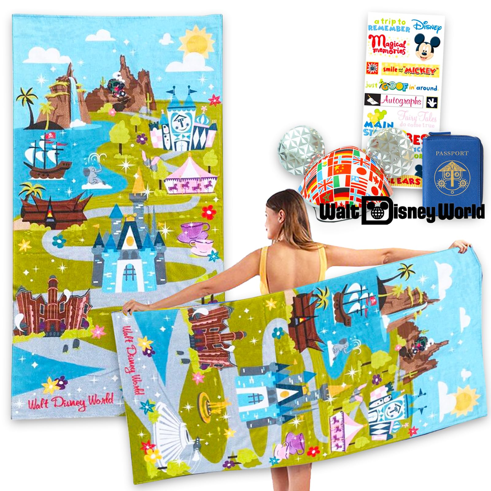 Disney World Vacation Gift Set with Essential Park Accessories - Bundle with Disney Beach Towel (61” x 33”), Disney Flags Mickey Ears Hat, More | Disney Vacation Must Haves