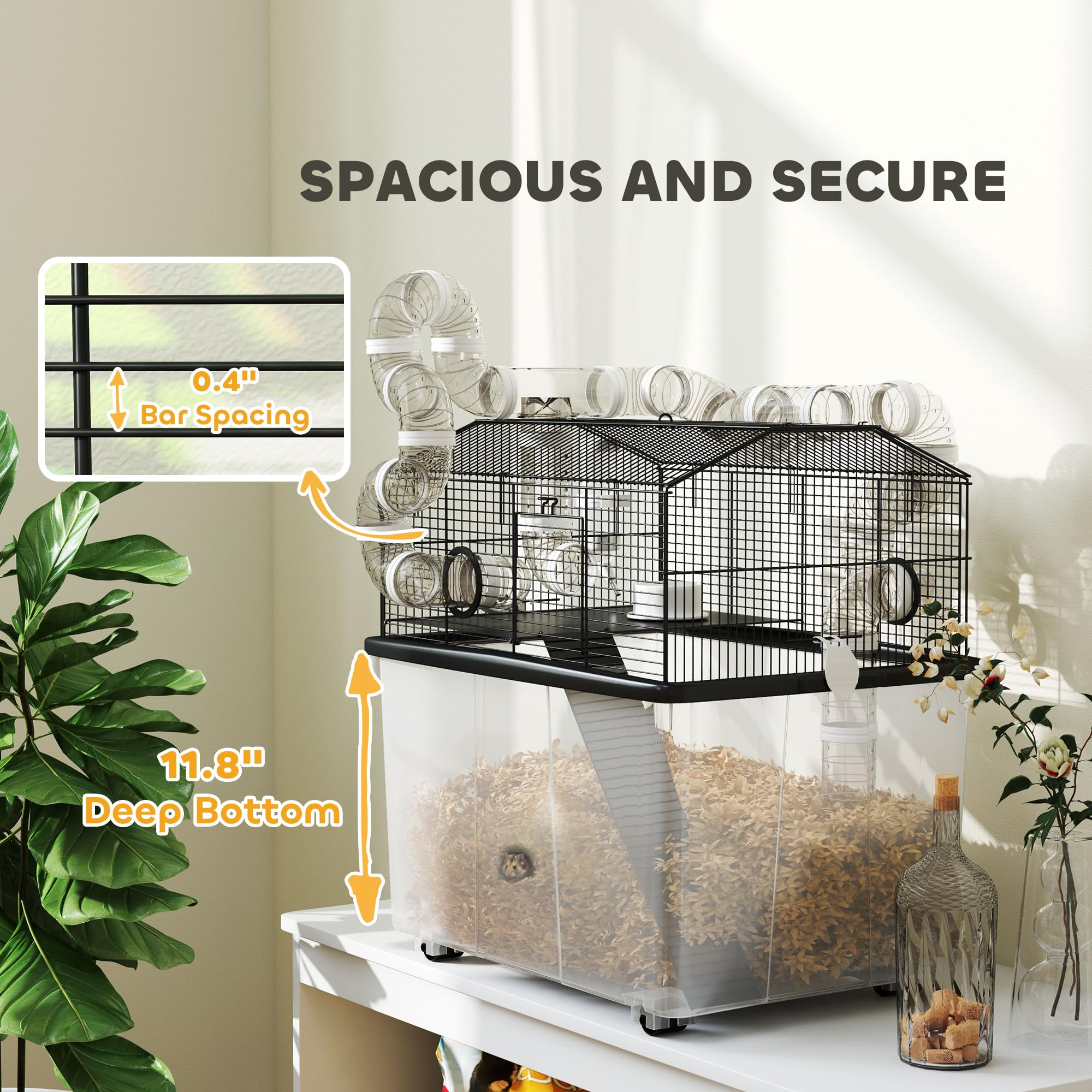 PawHut Large Hamster Cage with 12" Deep Tray, 2 Tier Gerbil Cage with Tube System, Water Bottle, Ramp, Feeding Bowl, 23" x 17" x 22", Black
