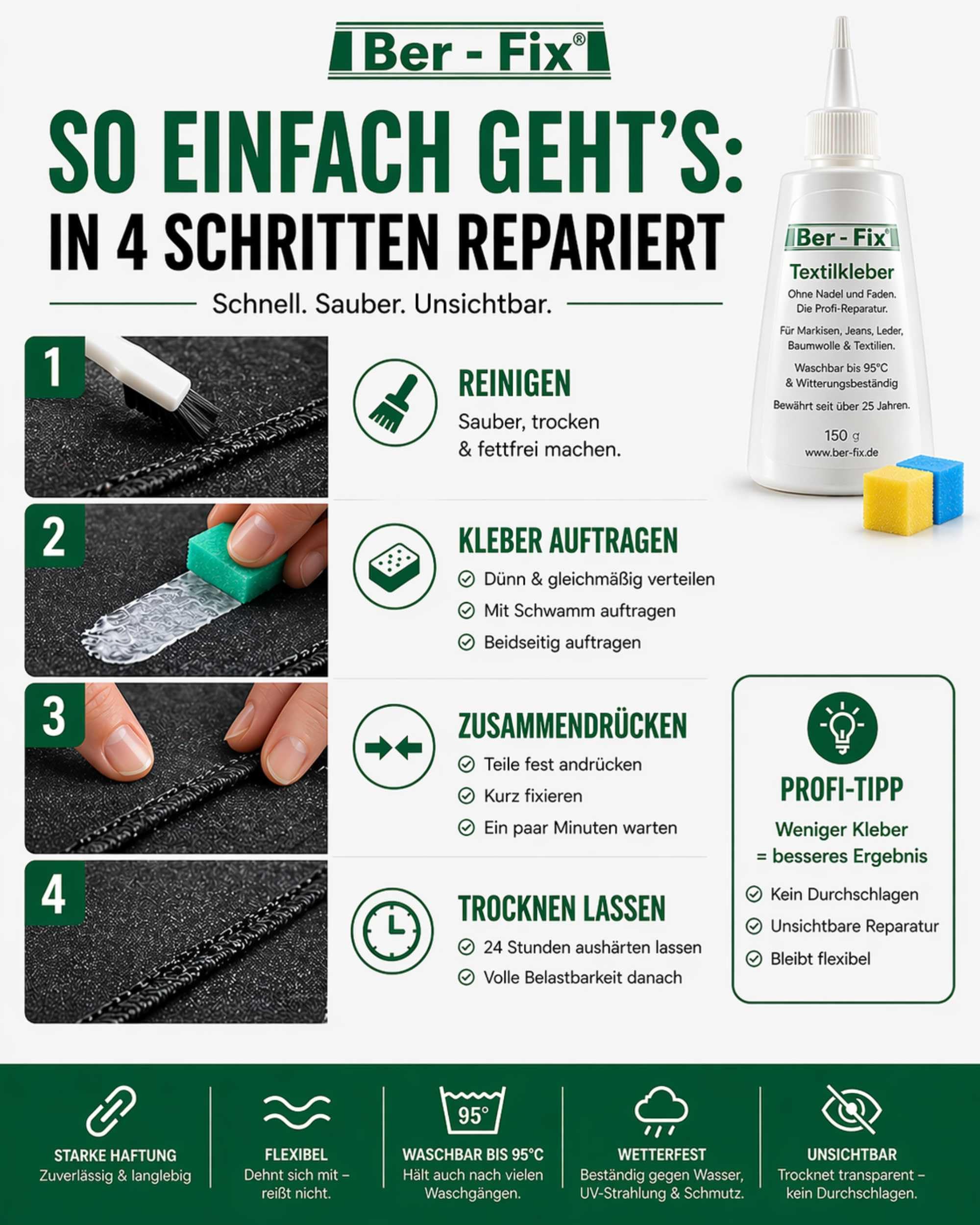 Ber-Fix Textilkleber - Stoff & Markise (40g) | Textilkleber für Stoff, Jeans, Saum, Flicken und Bastelarbeiten; Klebeprobe bei Beschichtung empfohlen.