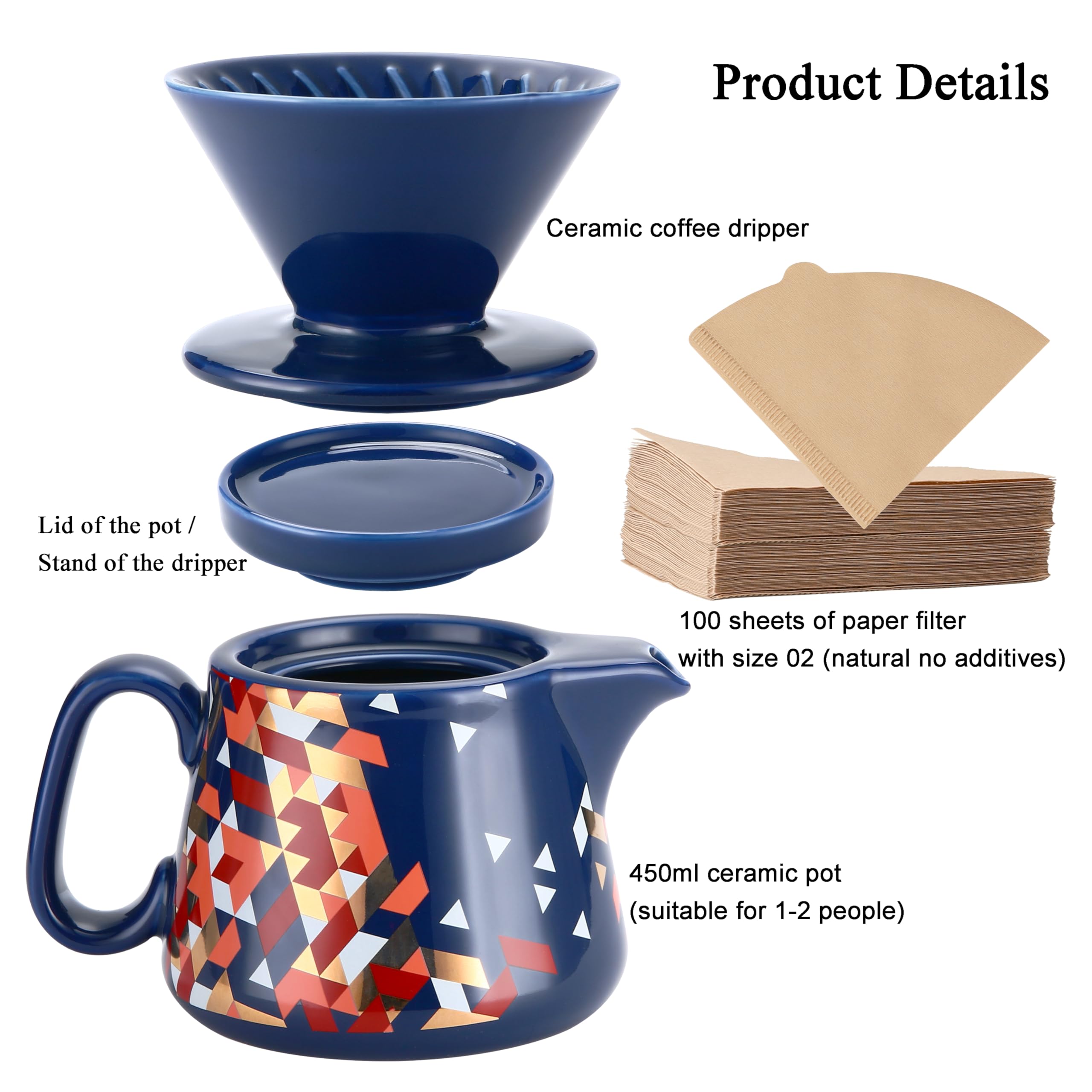 Polydremio Pour Over Coffee Maker, Ceramic Coffee dripper with 100 pcs Size 02 Paper Filter, Ceramic coffee Server with Lid, 15.5oz/450 ml, Suitable for 1-2 people (Blue)