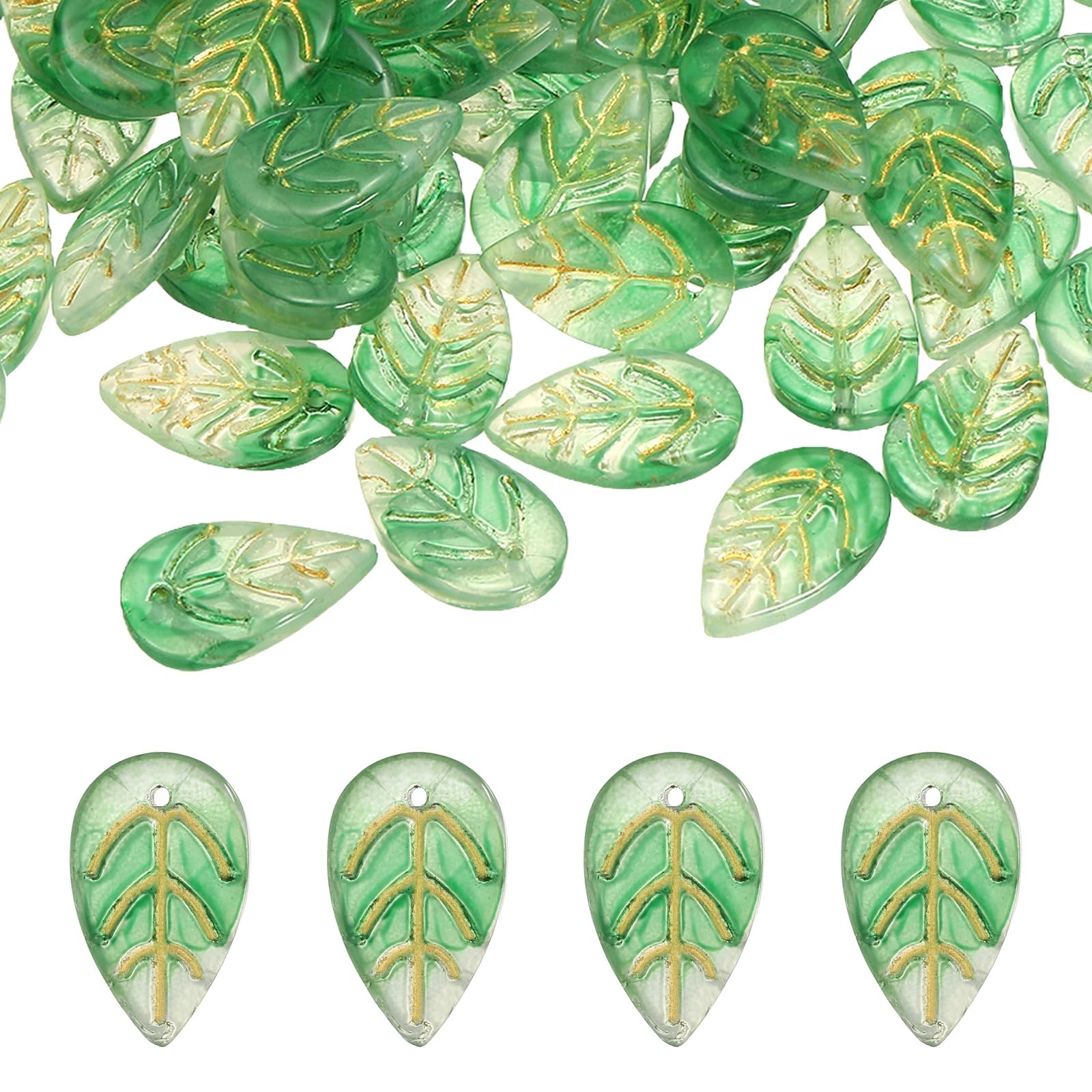 PATIKIL Leaf Beads, 100Pcs Crystal Leaf Beads Translucent Czech Glass Beads Spacer Bead for DIY Jewelry Making Bracelets Necklace, Olive/Gold