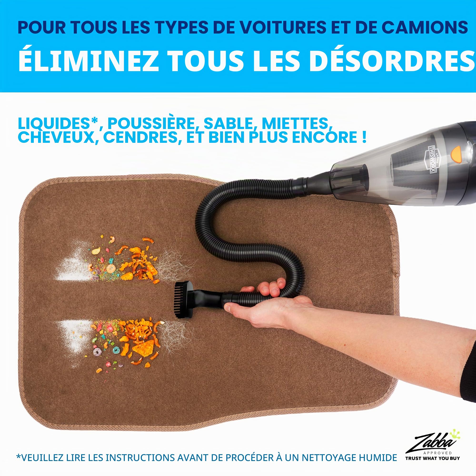 ThisWorx Aspirateur Voiture Puissant Sans Fil, Mini Aspirateur a Main 12V pour Nettoyage Voiture, 2 Vitesses, Lampe LED, 110 Watts