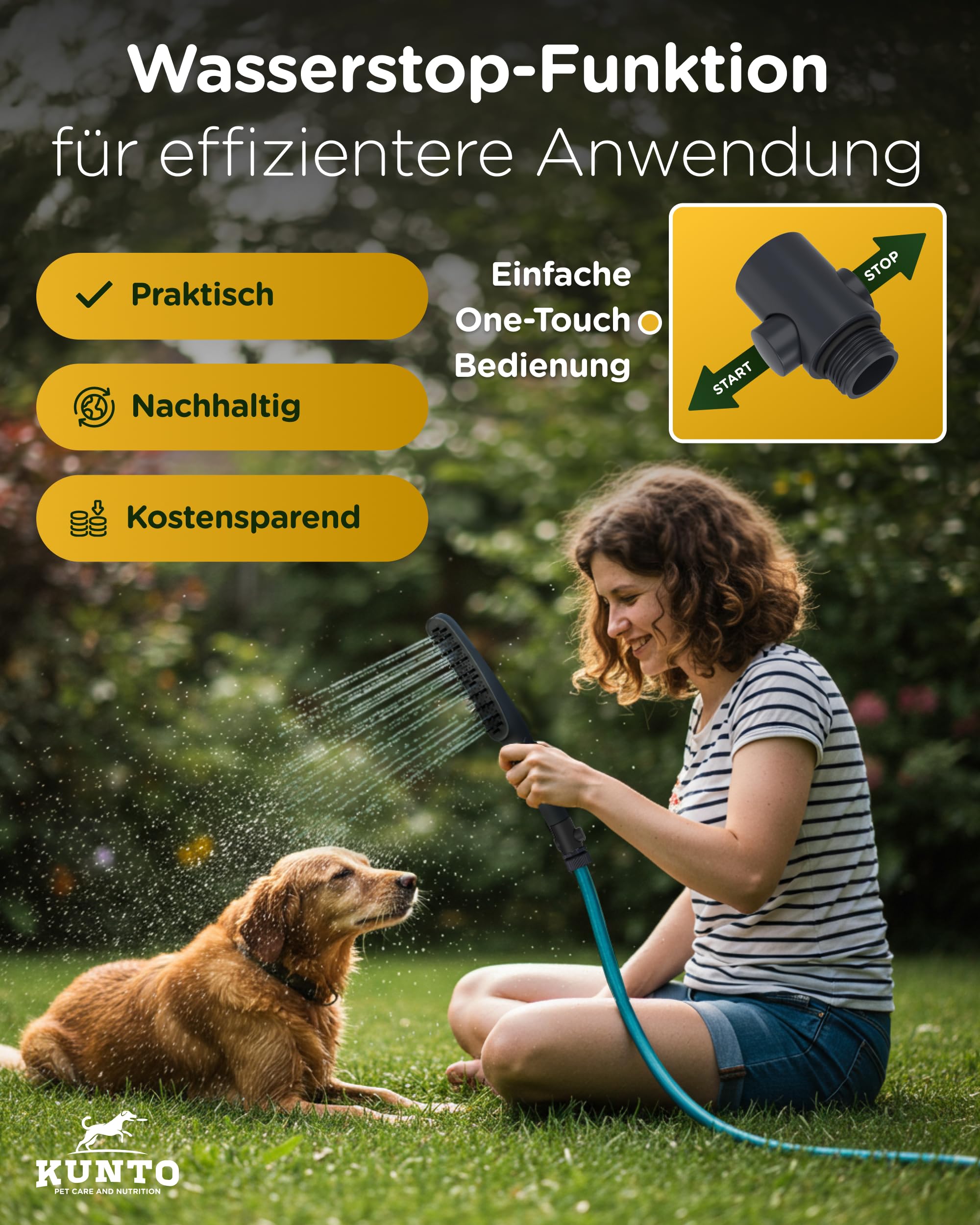 KUNTO® Hundebrausekopf inkl. Gartenschlauchadapter & Wasserstop - Hundedusche Duschkopf mit 79 Düsen, 4 Strahlarten & 30 Silikon-Massage-Borsten - Mobile Hunde-Duschbrause für drinnen & draußen