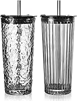 Vista 1 de Puraville Paquete de 2 vasos de vidrio de 18 onzas con tapas y pajitas, cristalería engrosada con patrón de glaciar a rayas acanaladas vintage