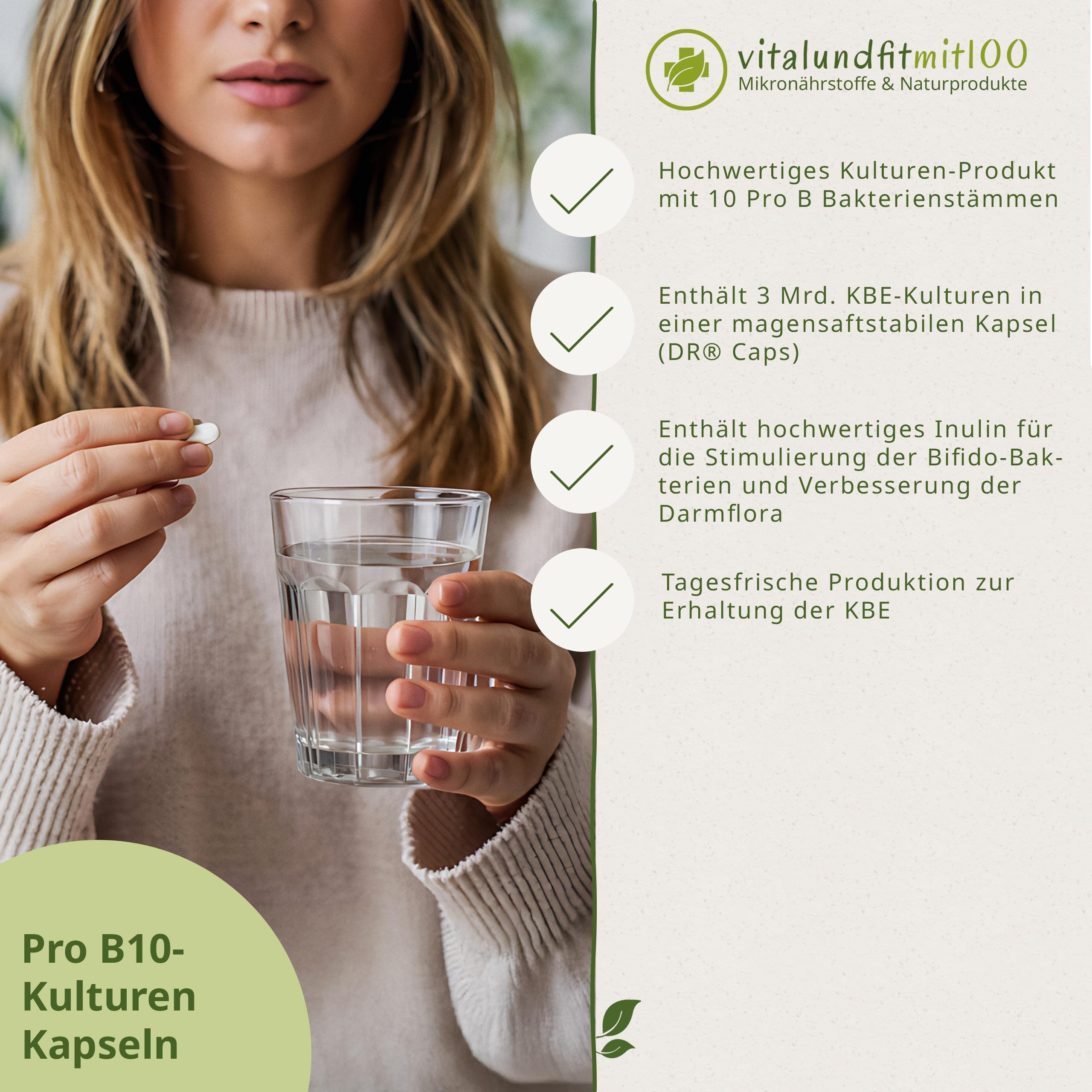 Pro B 10-Kulturen - 60 magensaftstabile Kapseln mit Inulin - 3 Milliarden KBE - vegan/rein - gentechnikfrei - ohne Hilfs- und Zusatzstoffe - MADE IN GERMANY