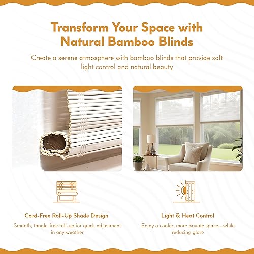 Miniatura 3 de Radiance - Cortinas romanas de bambú inalámbricas para ventanas - Persianas de bambú de madera blanca para difuminar la luz del sol - Fáciles de