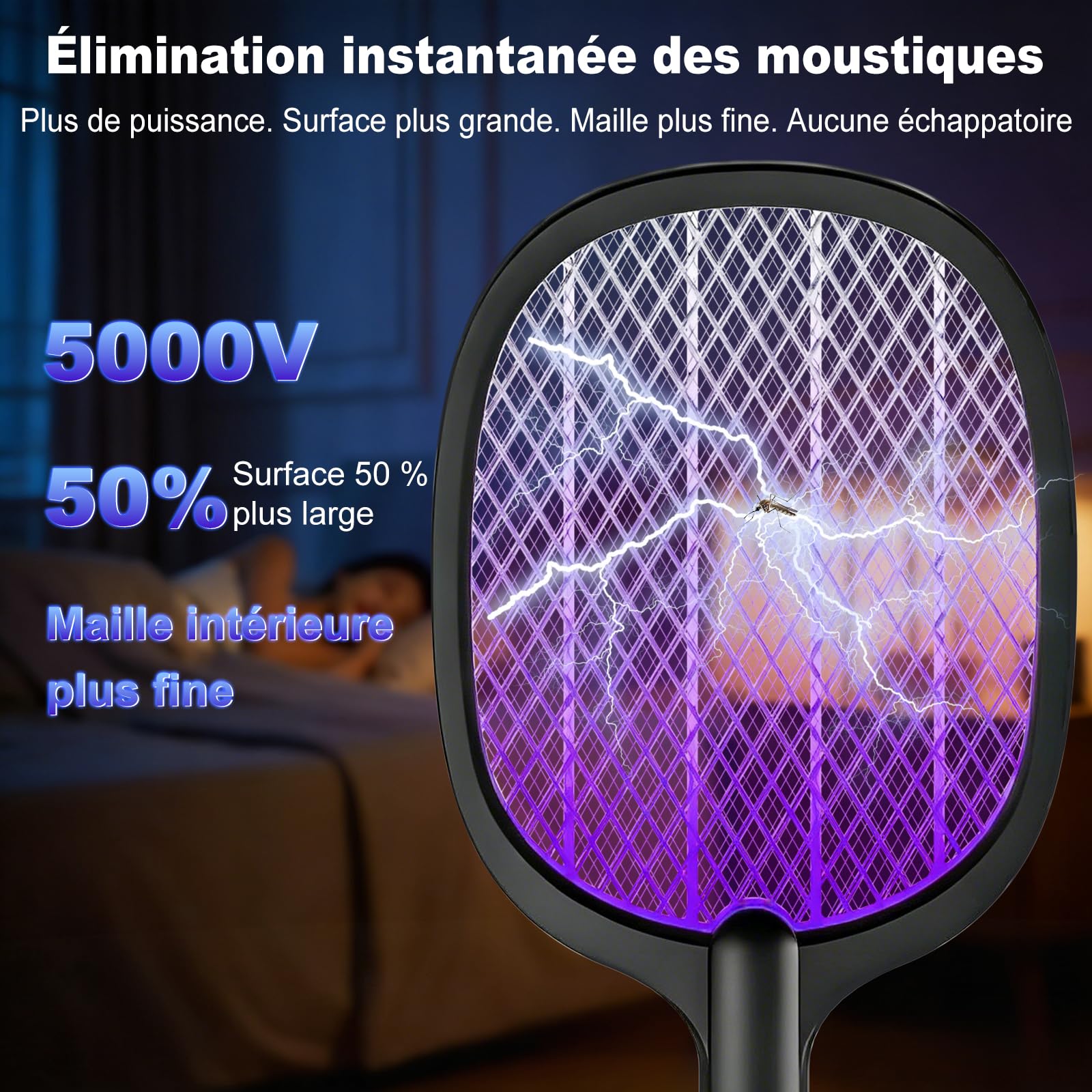 Raquette Moustique Electrique 5000V, Raquette Anti Moustique Rechargeable USB-C avec Base, Batterie 2000mAh, Tapette à Mouche Électrique 2 en 1 avec Lampe UV, Idéale pour Intérieur, （Noir, Lot de 2）
