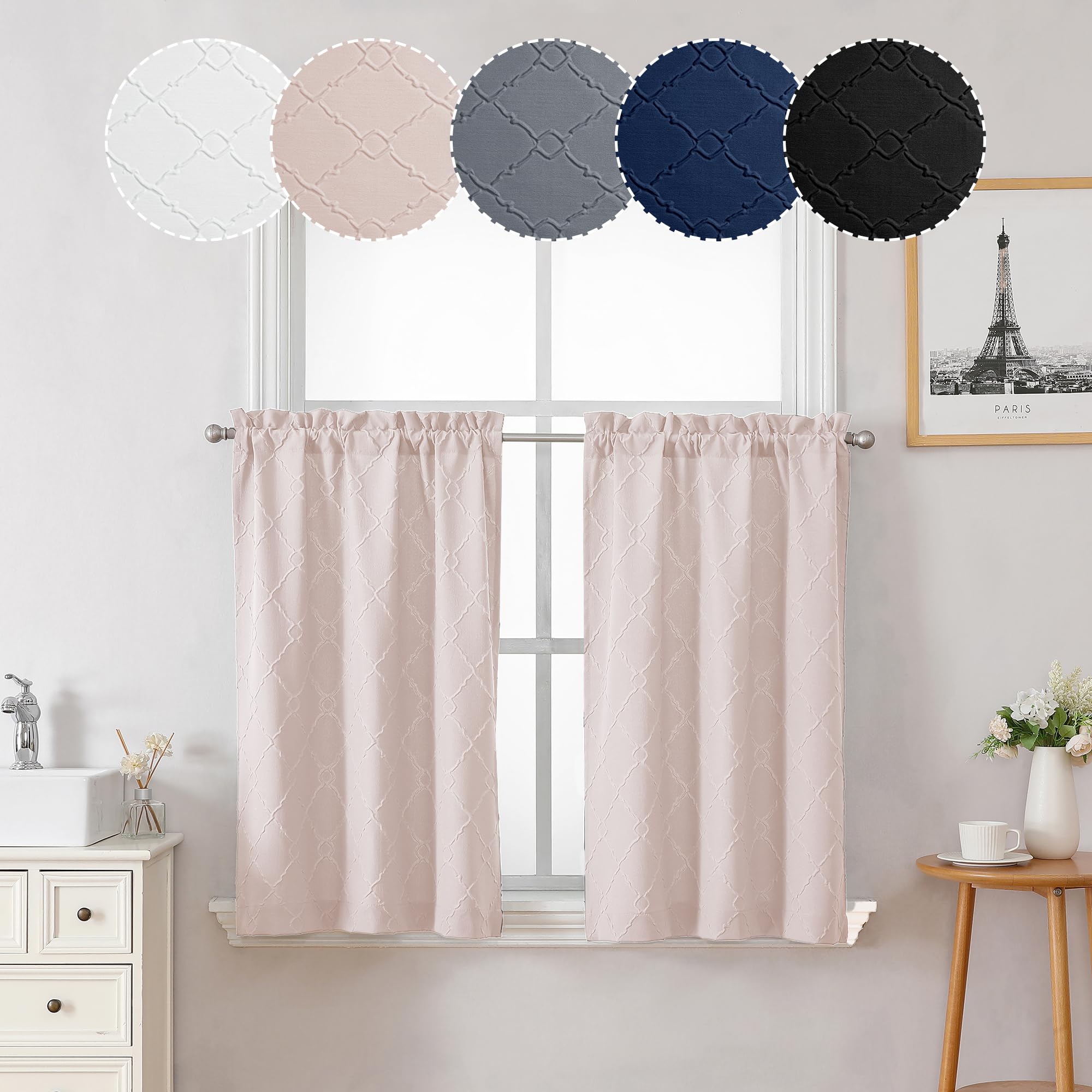 OWENIE Kitchen Tier Curtains, 36 Inch Length, 2 Panels, 3D Embossed, Balance Privacy and Light, Semi Curtains for Bedroom/Bathroom/Kids Room, White, W30xL36 Inch