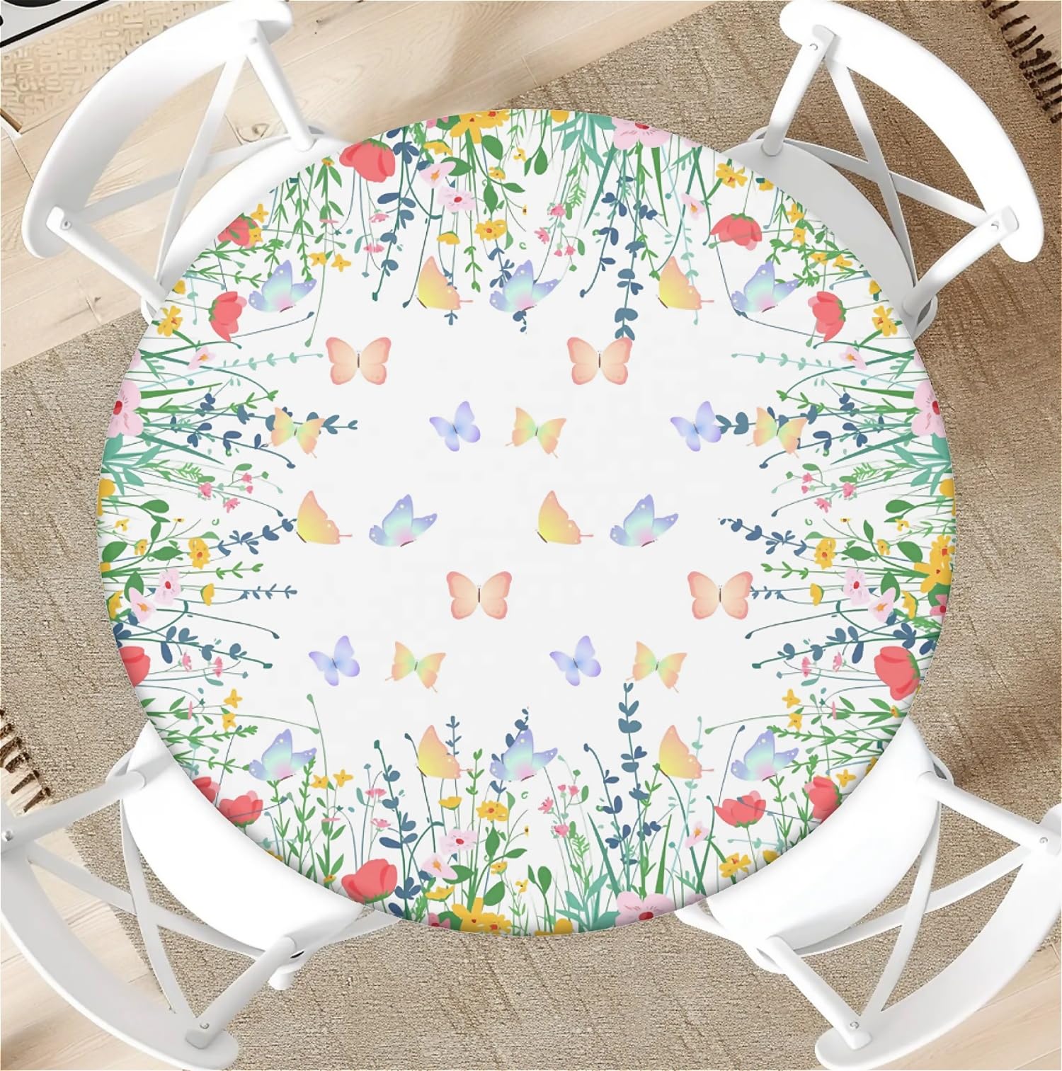 Outdoor Runde Tischdecke mit Gummizug Ø 36in(90cm)- Elastisch Garten tischdecke mitSchmetterlinge in den Blumen Muster Passend für 75-85cm