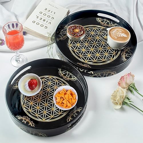 Miniatura 2 de Juego de 2 bandejas redondas de madera con asas, moderna bandeja otomana para té y desayuno, decoración decorativa de cocina, baño y dormitorio