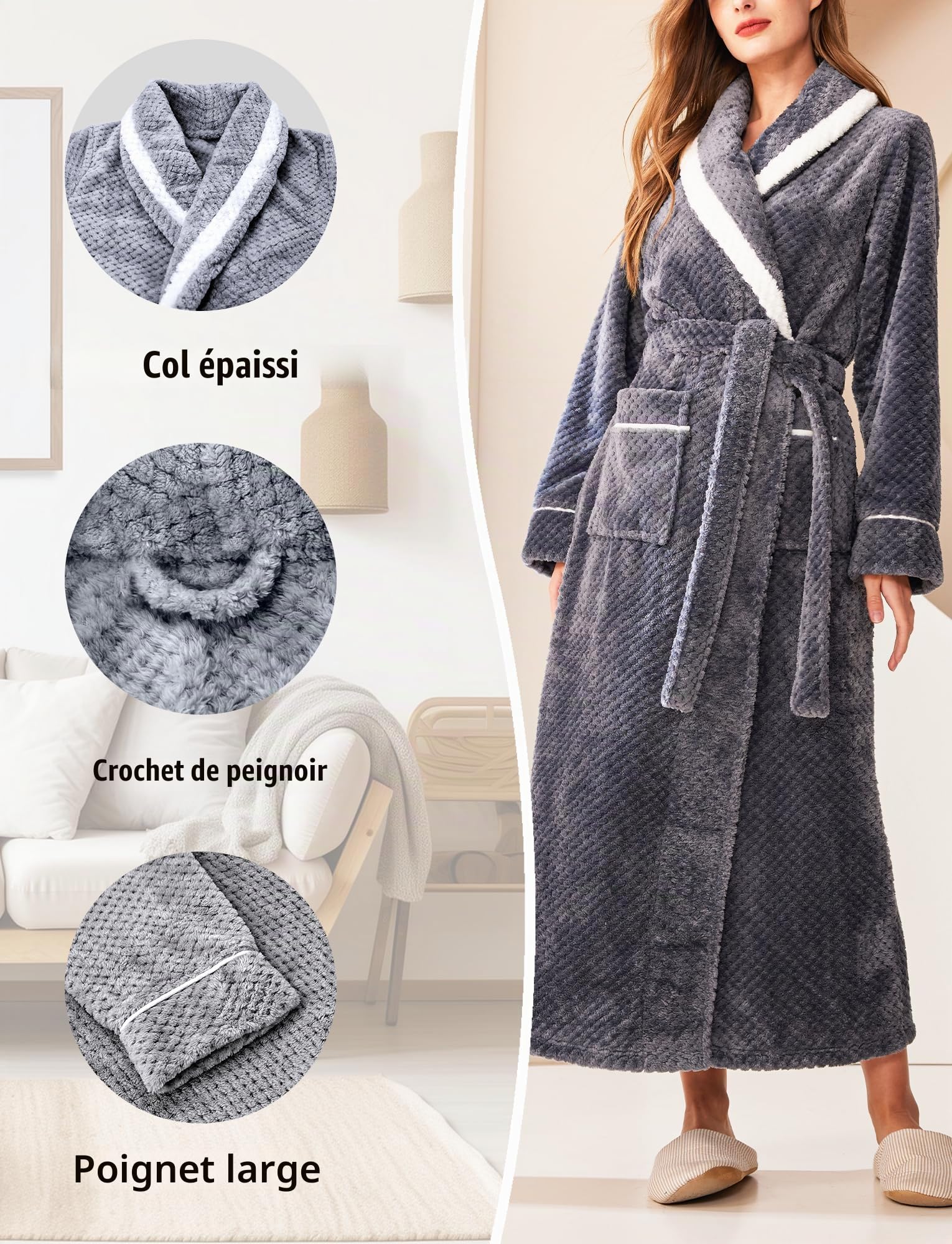 Maeau Peignoir de Bain Long Femme Épais Chaud Carreaux Ananas Automne Hiver | M XL 3XL, Col revers bordé blanc, Ceinture ajustable, Grande poche, Flanelle douce absorbante, pour bain et détente maison