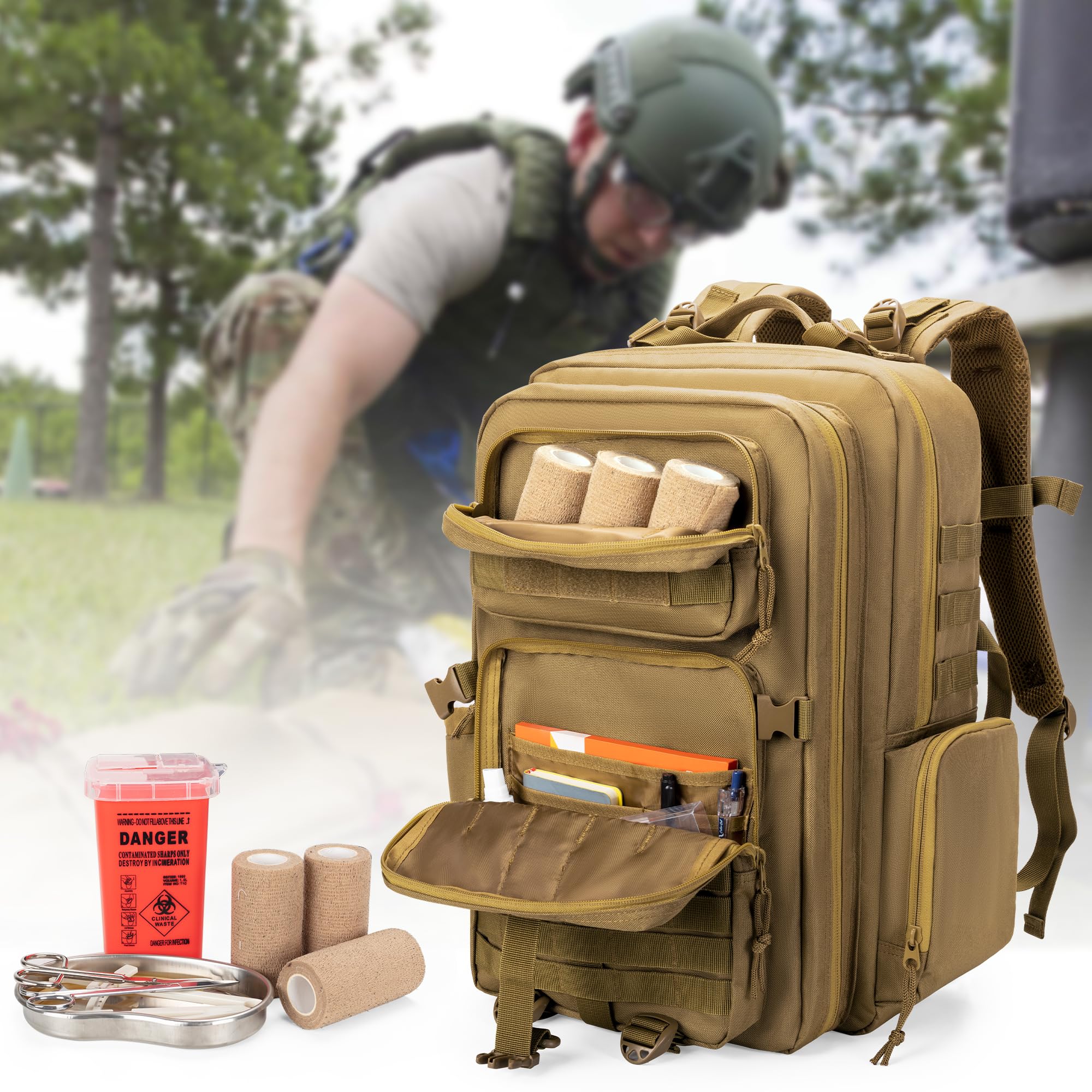 Damero Zaino tattico per trauma con fibbia a Y, borsa medica tattica Molle Borsa per insetti di pronto soccorso per escursionismo, trekking, caccia, campeggio, Cachi
