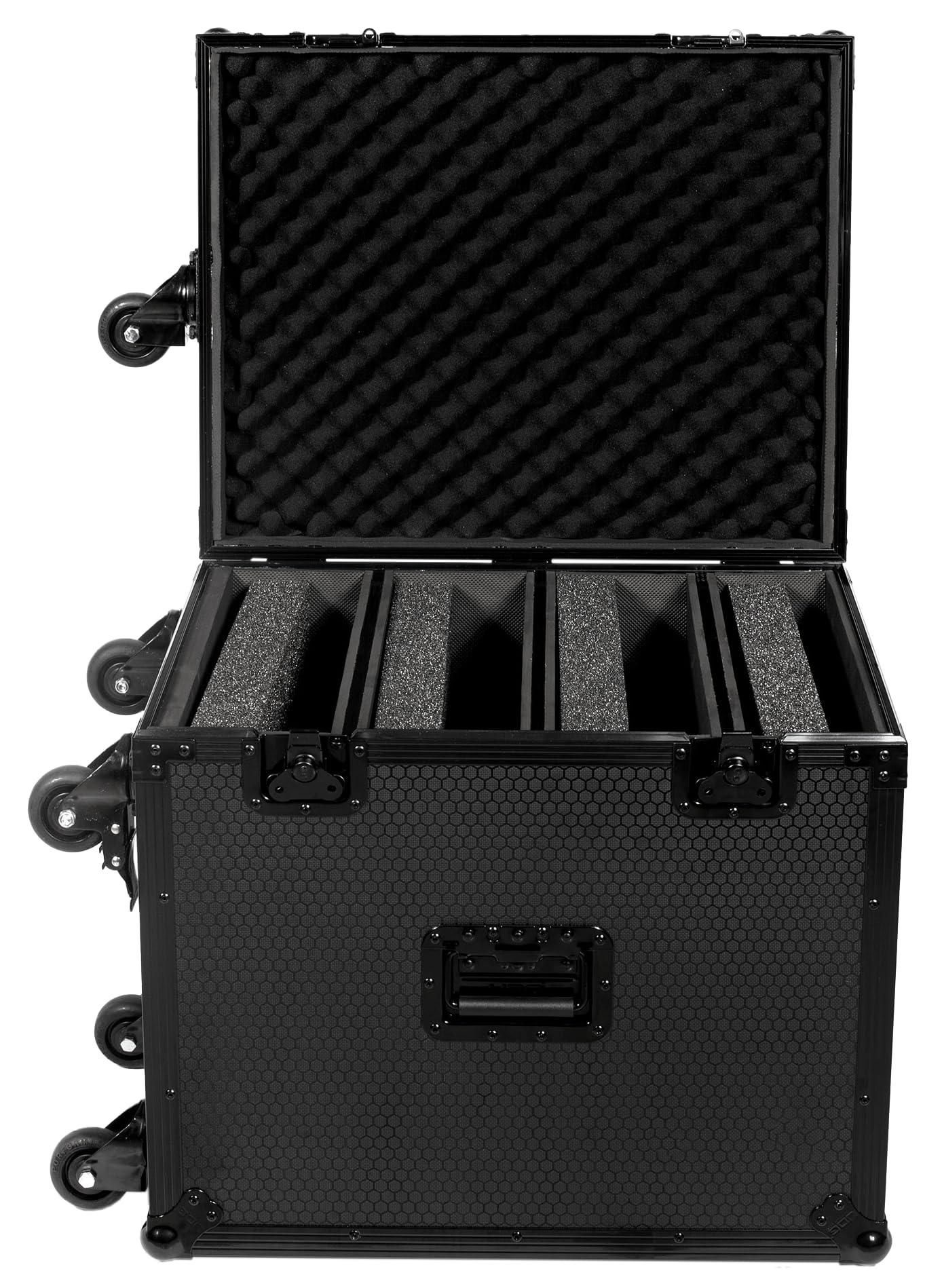 UDG Ultimate Flightcase 4 CDJ/Mixer Plus Rollen, Schwarz (U91101BL) | 9-mm-Sperrholzschale; Schmetterlingsverriegelungen; verstärkte Eckschützer; Trolley- und Radsystem; Schauminnere