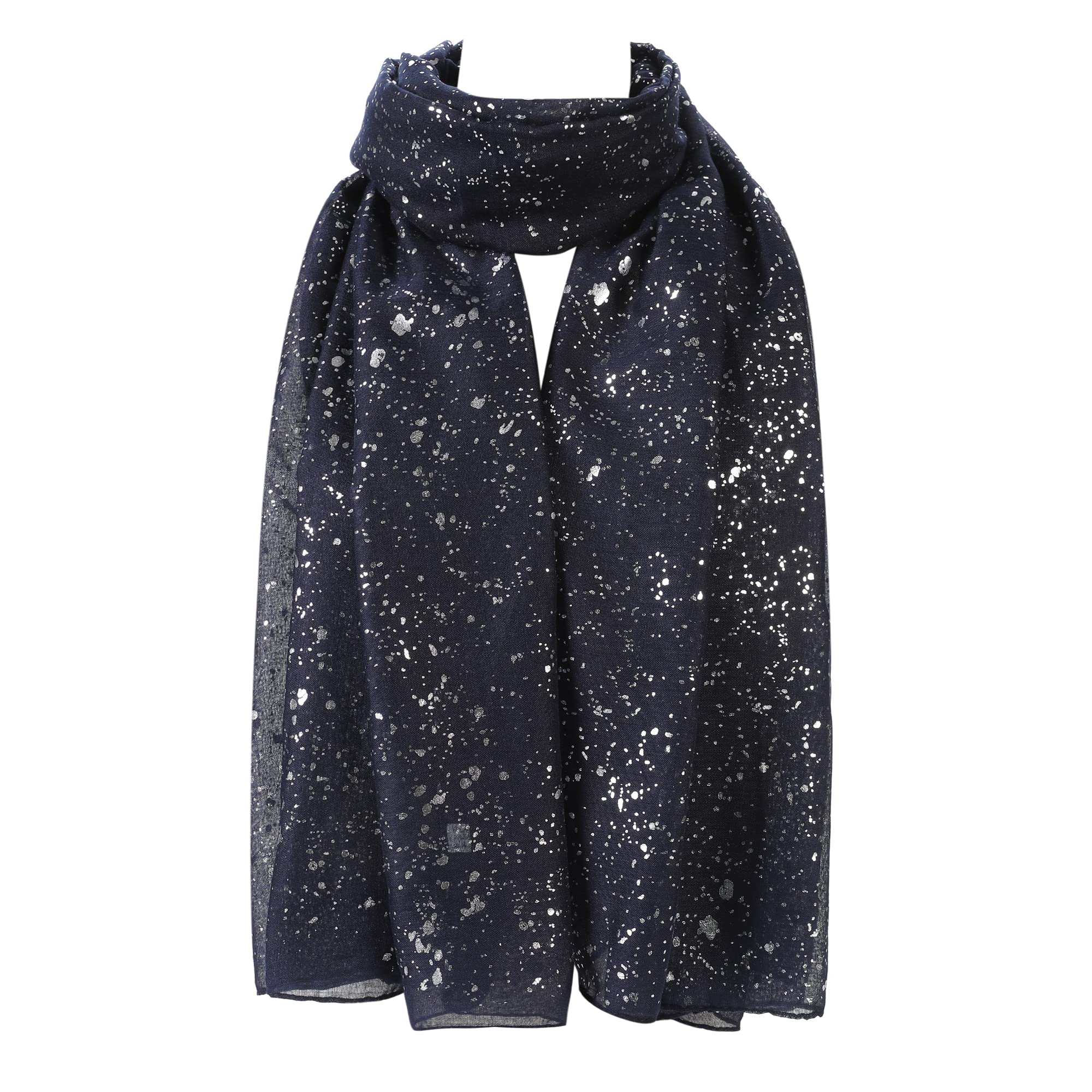 London Scarfs Silver Gold Glitters Shimmer Foil Stars Women Scarf Shawl Wrap (Silver Sparkle Navy Blue)