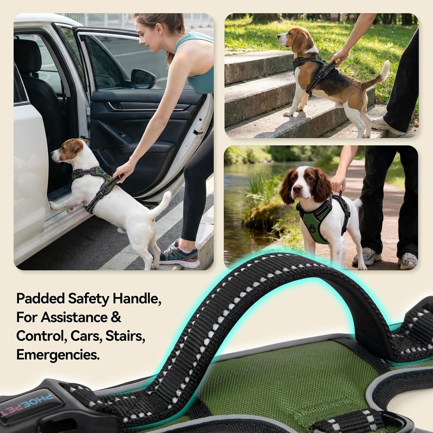 PHOEPET No Pull Dog Harness with Handle Reflective Padded Vest for Small Medium Large Dogs, Adjustable Puppy Harnesses with Front & Back Clip Easy Walking (XL, Misty Green)