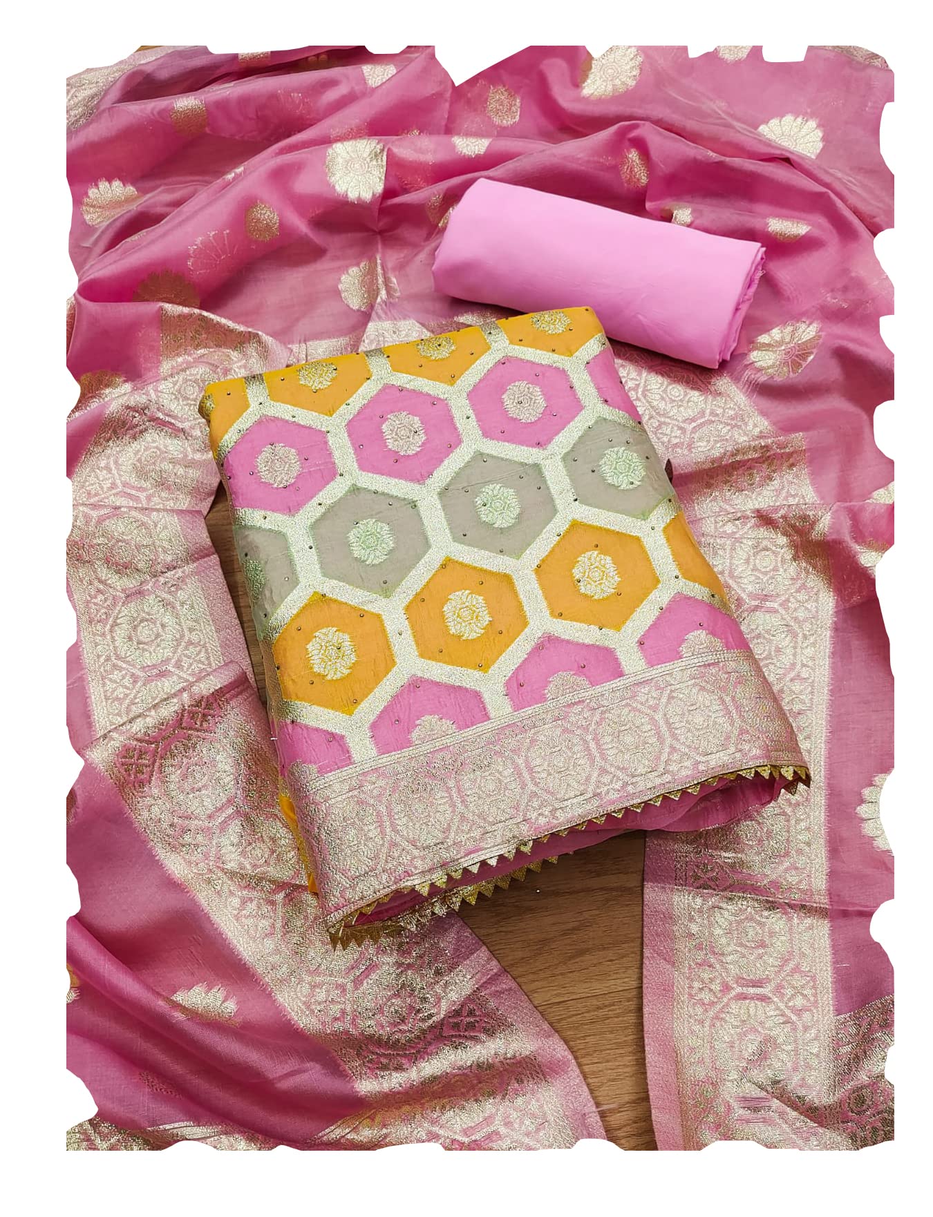 COCFI Organza Cut Paste Dress Material Suit -Heavy American Crape Bottom and Banarasi Silk Dupatta with Machine Diamond Work, Ladies Wear Dress Materials, Salvar Sut Drass Materials