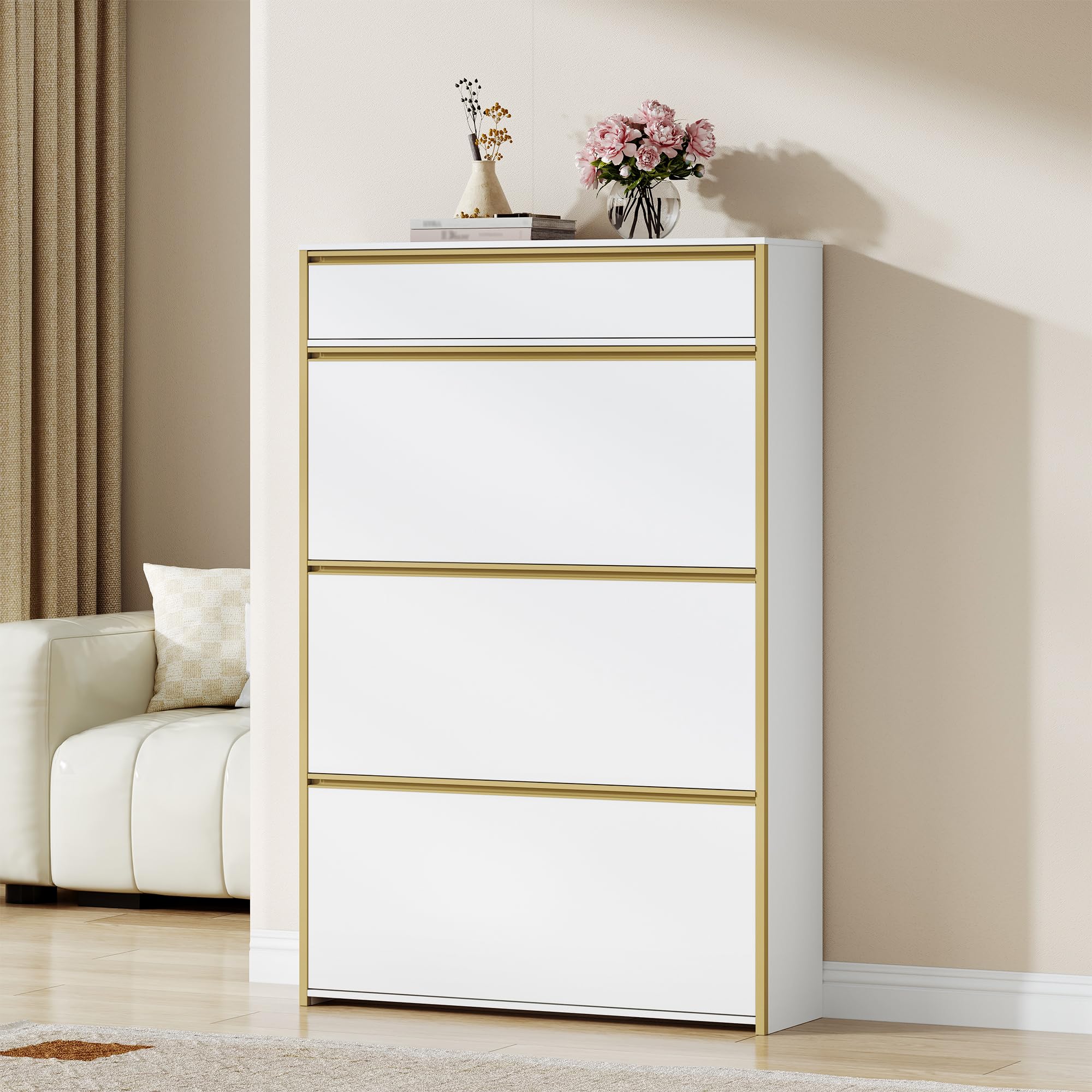 HEXCELEN Meuble à Chaussures avec 3 Battants, 18 à 24 Paire, Blanc-Or | Étroit Étagère à Chaussures avec Tiroir, Meuble à Chaussure, Séparateur Réglables, pour Couloir, Entrée, 80 x 24 x 137,5 cm