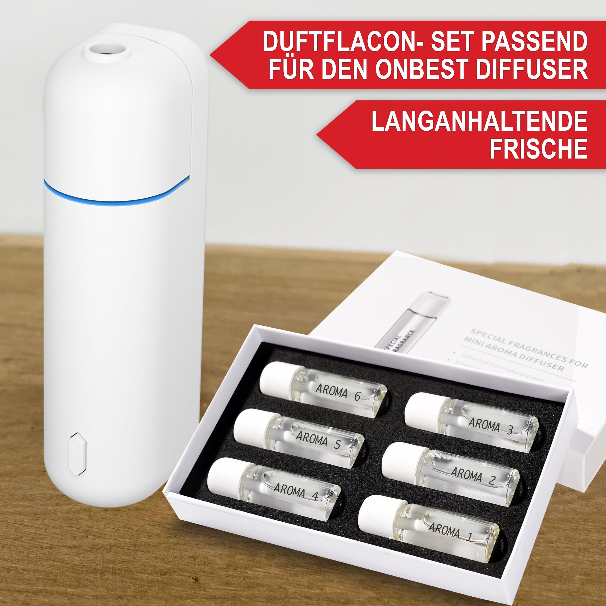ONBEST Lufterfrischer - für ätherische Öle - Kabellos mit Akku - automatischer Start/Stop - Ultraschall Diffuser - inkl. 6 natürlicher Düfte - perfekt fürs Auto oder Innenraum (Nachfüllset)