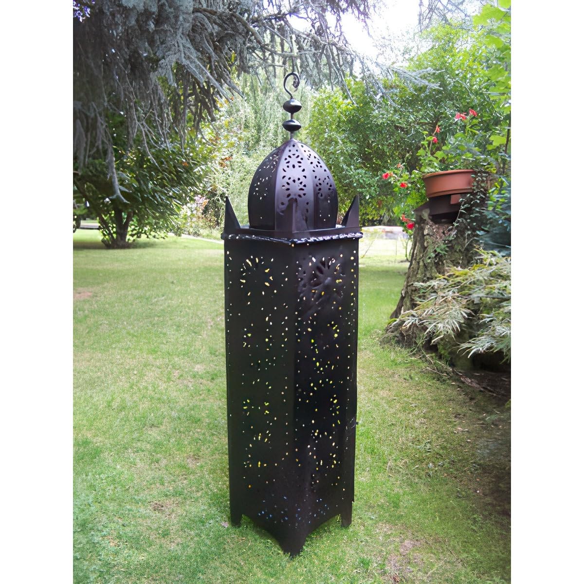 Marrakesch Orientalna Latarnia z Metalu, Czarna, Frane 130 cm, Marokańska Latarnia Ogrodowa i Podłogowa, Lampion Wiszący lub Do