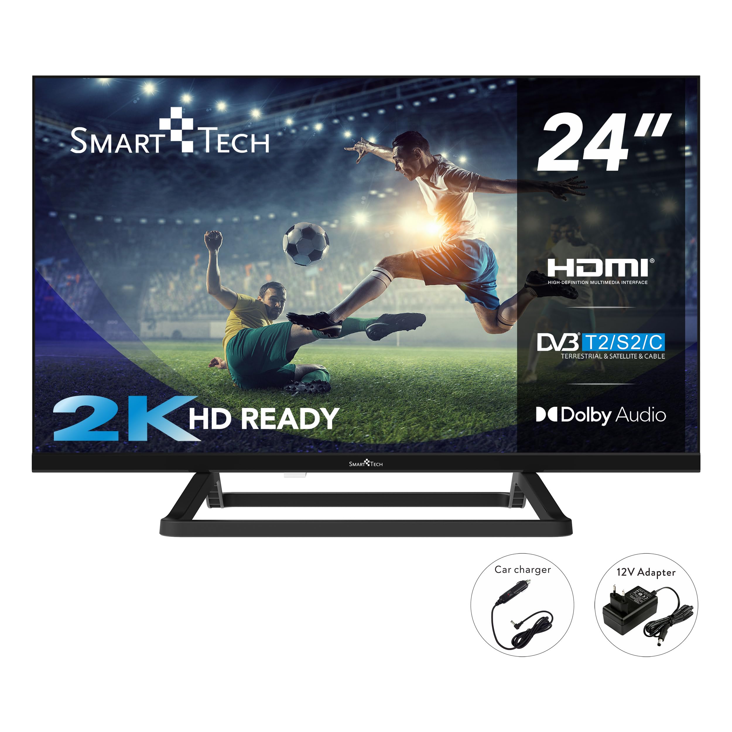 Smart Tech 24HN01V3CA HD LED TV 24 Pouces (60cm) Triple Tuner Dolby Audio H.265 HDMI USB, Résolution: 1366 (H) × 768 (V); Chargeur 12 Volts
