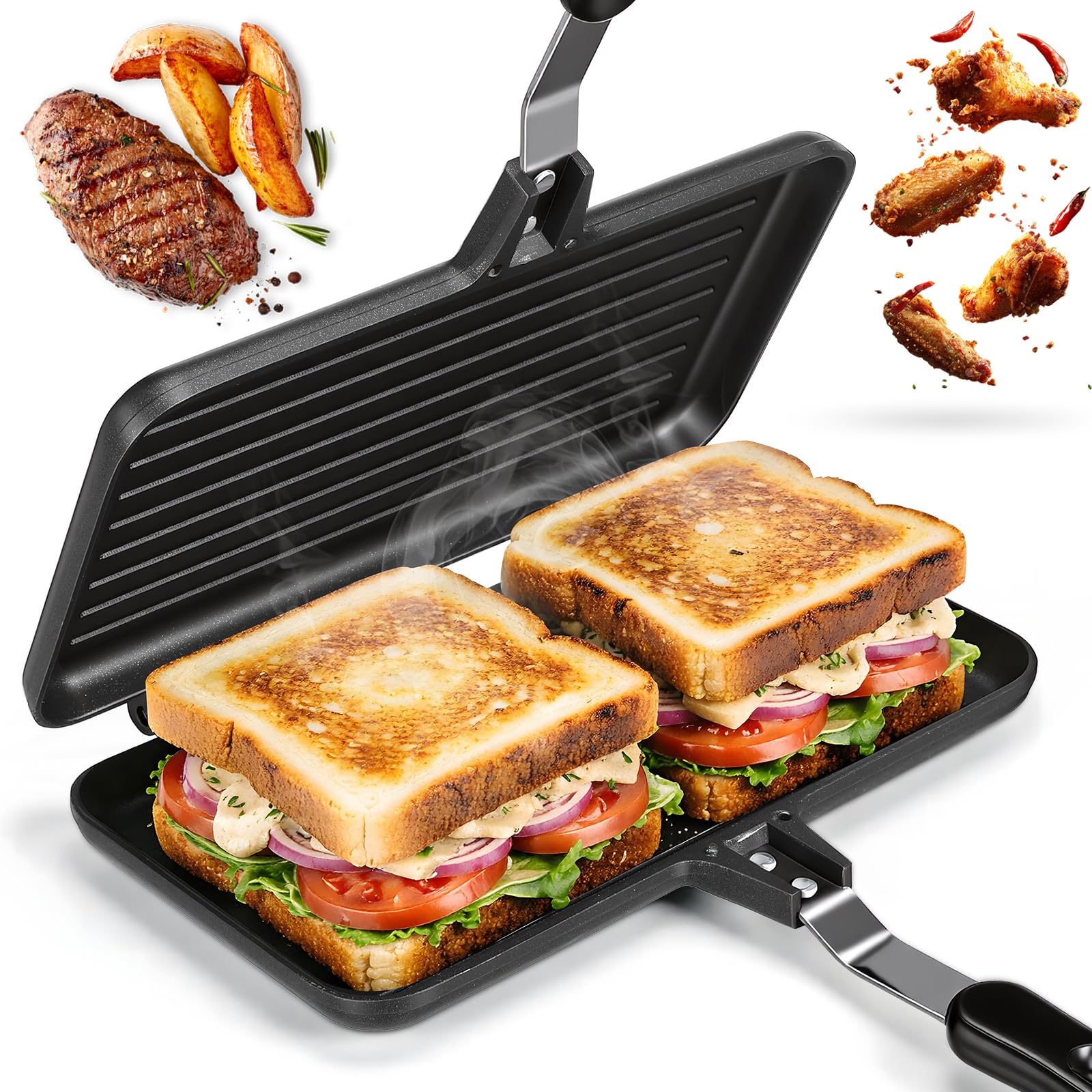XL Doppelseitig Grillpfanne für Gaskocher, Tortillas Bratpfanne Aluminium Nichtstick Camping Outdoor (Schwarz)