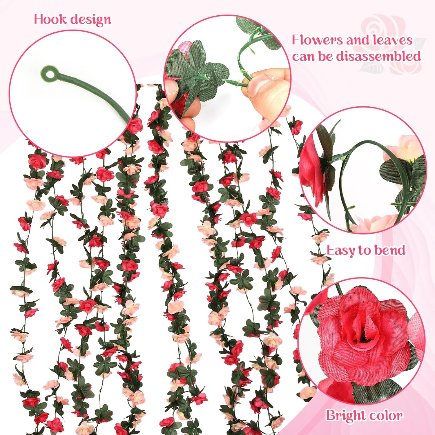 16 Pcs 131.2 FT Flower Garland,Rose Garland,Pink Flower Vines for Decoration, Wedding, Garden, Wall Decoration,Backdrop,Bedroom,Birthday Party