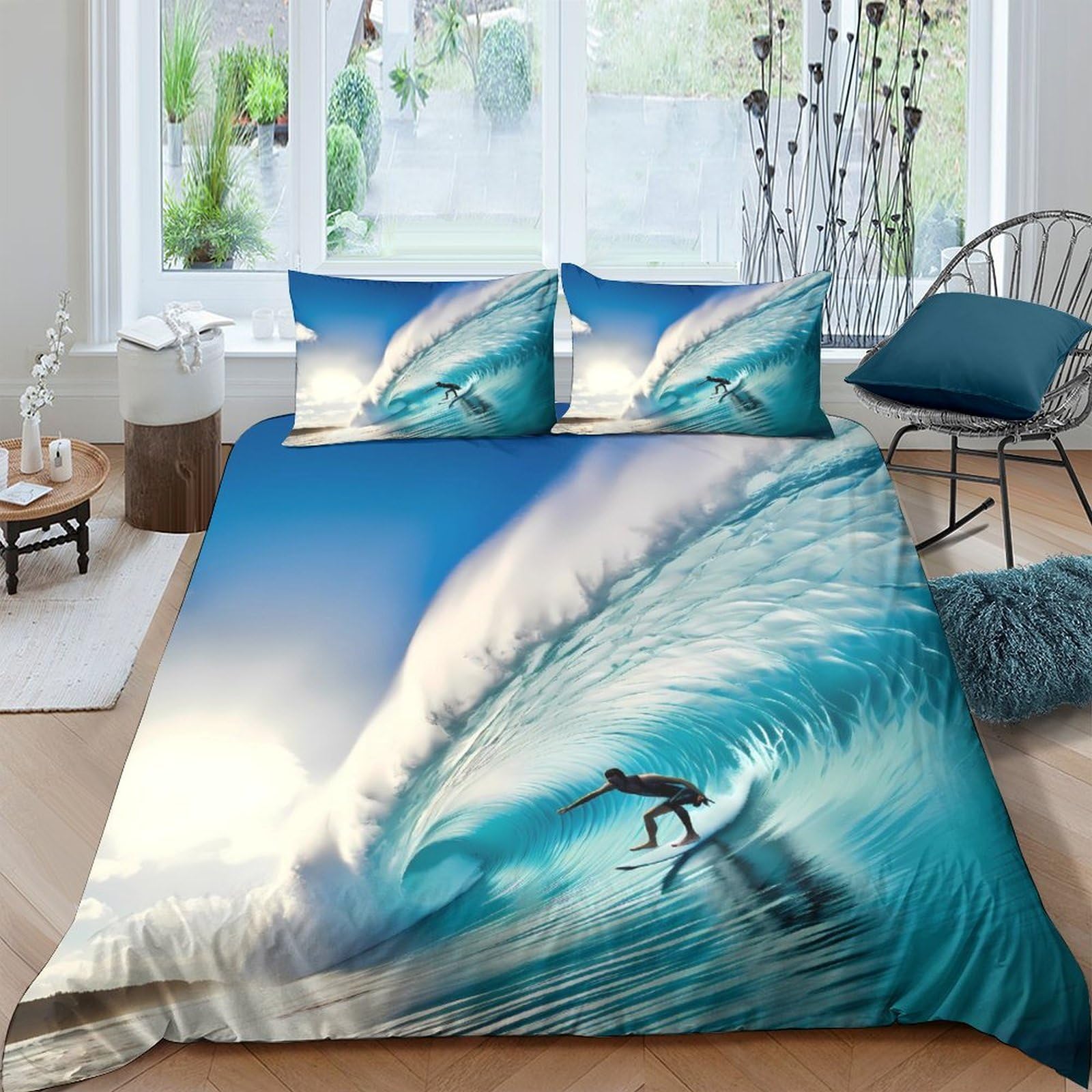 Ctjqhvkz Style-3 3D Printed Ocean Wave Fitted Sheet Microfiber Soft Blue Surfing Mattress Cover For Bedroom Guest Room Dorm Bed Decor Single（135X200cm）