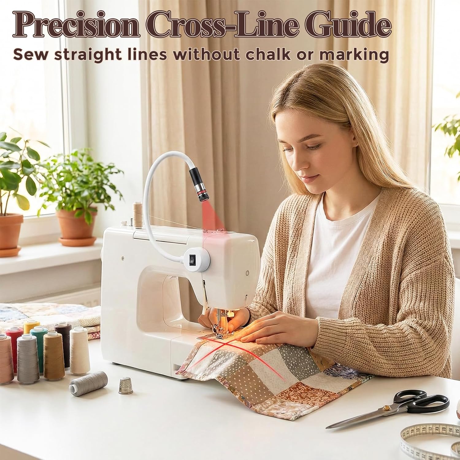 Joyzan Magnetic Sewing Machine Laser Guide for Quilting – Adjustable Red Crosshair, Hands-Free Precision, Secure Attachment Straight Stitching, Multi-Fabric, Free-Motion Quilting Topstitching Home