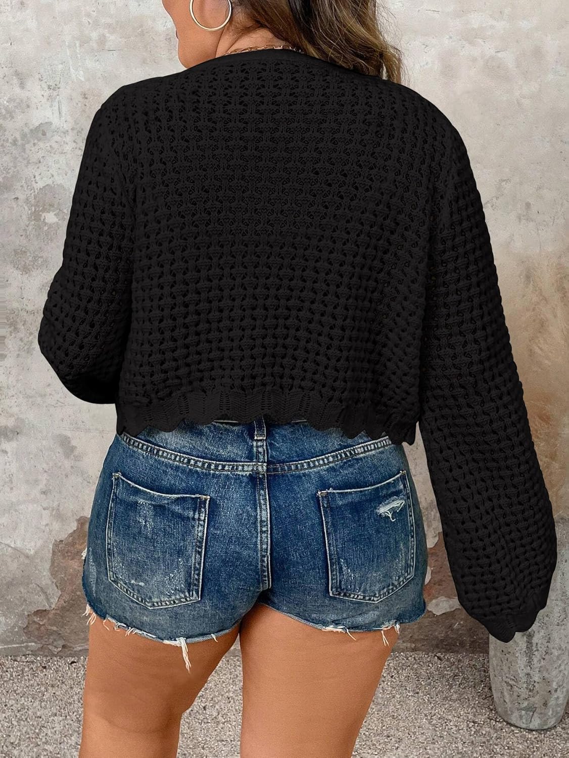 Women's Plus Size Tie Front Cardigan Hollow Out Bell Long Sleeve Crop Knit Tops Shrug Sweater - Image 5