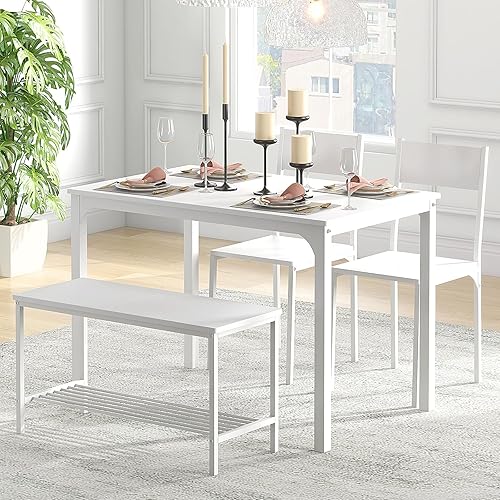 Miniatura 2 de DlandHome Juego de mesa de comedor para 4 personas, mesa de comedor con 2 sillas y 1 banco, mesa de comedor rectangular que ahorra espacio con dos