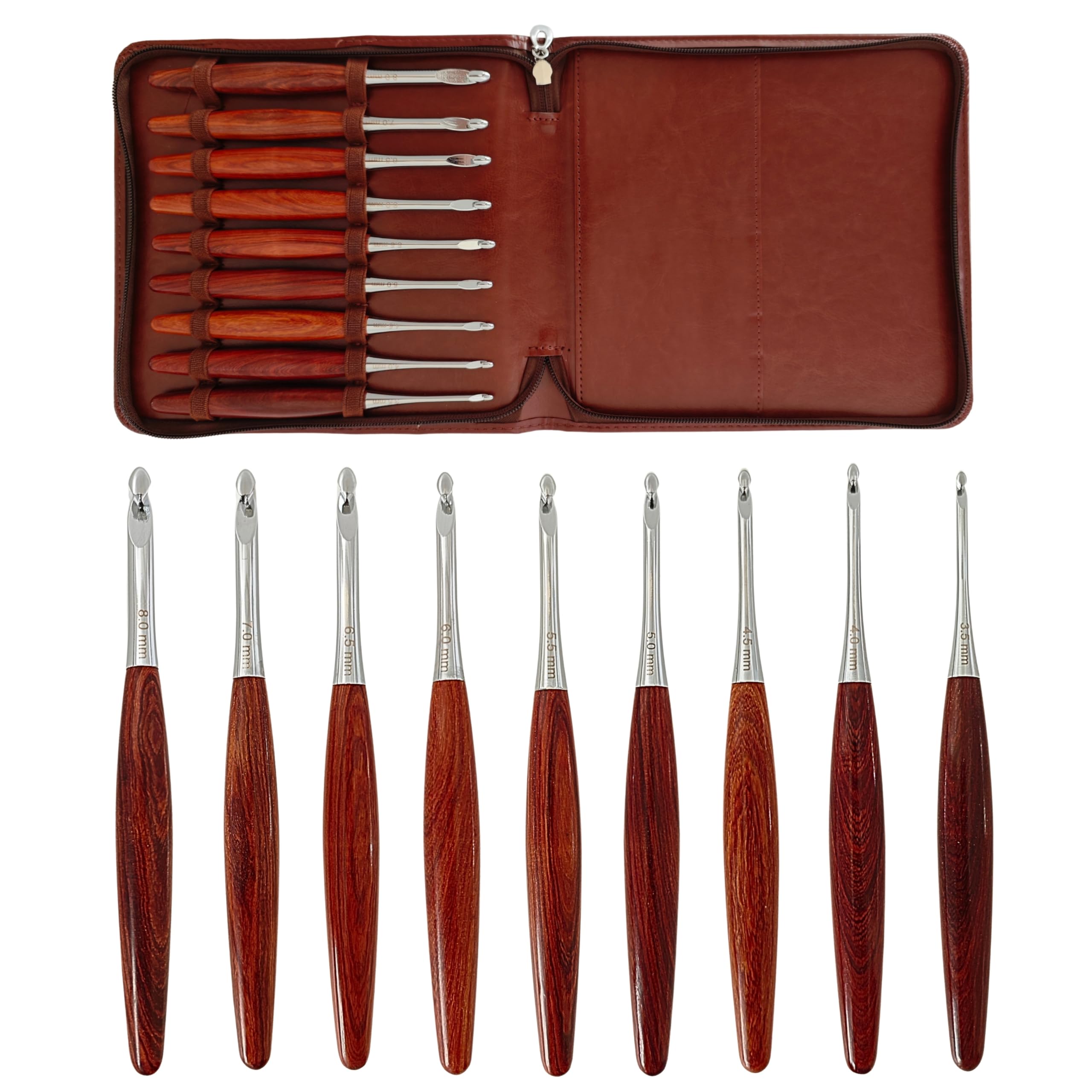 Aluminium-Häkelnadeln, ergonomisch, handpoliert, roter Sandelholzgriff, Häkelnadeln, Stricknadeln mit Aufbewahrungsbox, 9 Stück