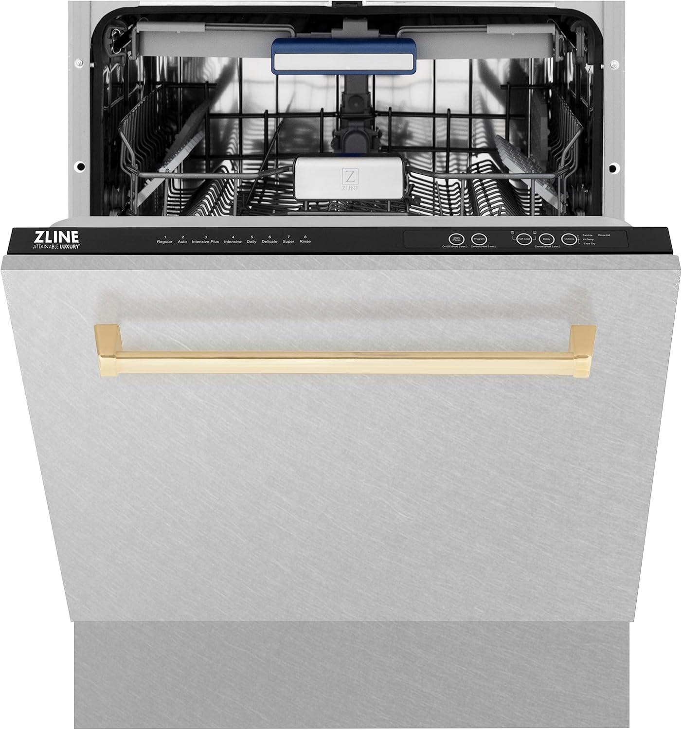 ZLINE Autograph Edition 24 in. Tallac Series 3rd Rack Top Control Built-In Tall Tub Dishwasher with Satin Stainless Steel Panel and Polished Gold Handle, 51dBa (DWVZ-SN-24-G)